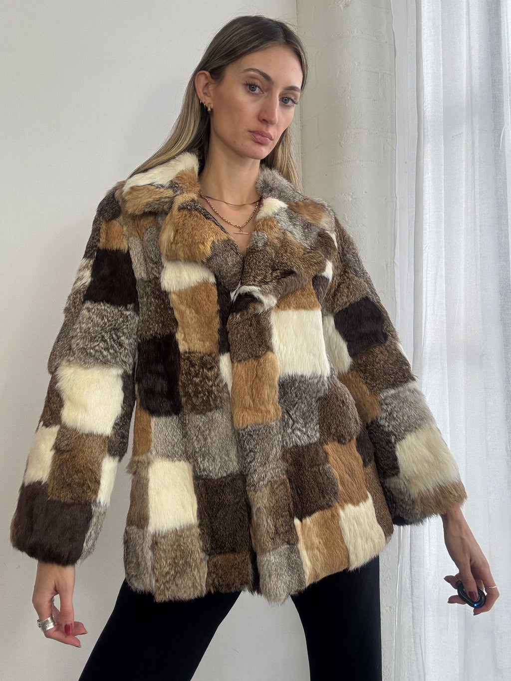 Vintage 90s patchwork rabbit fur coat