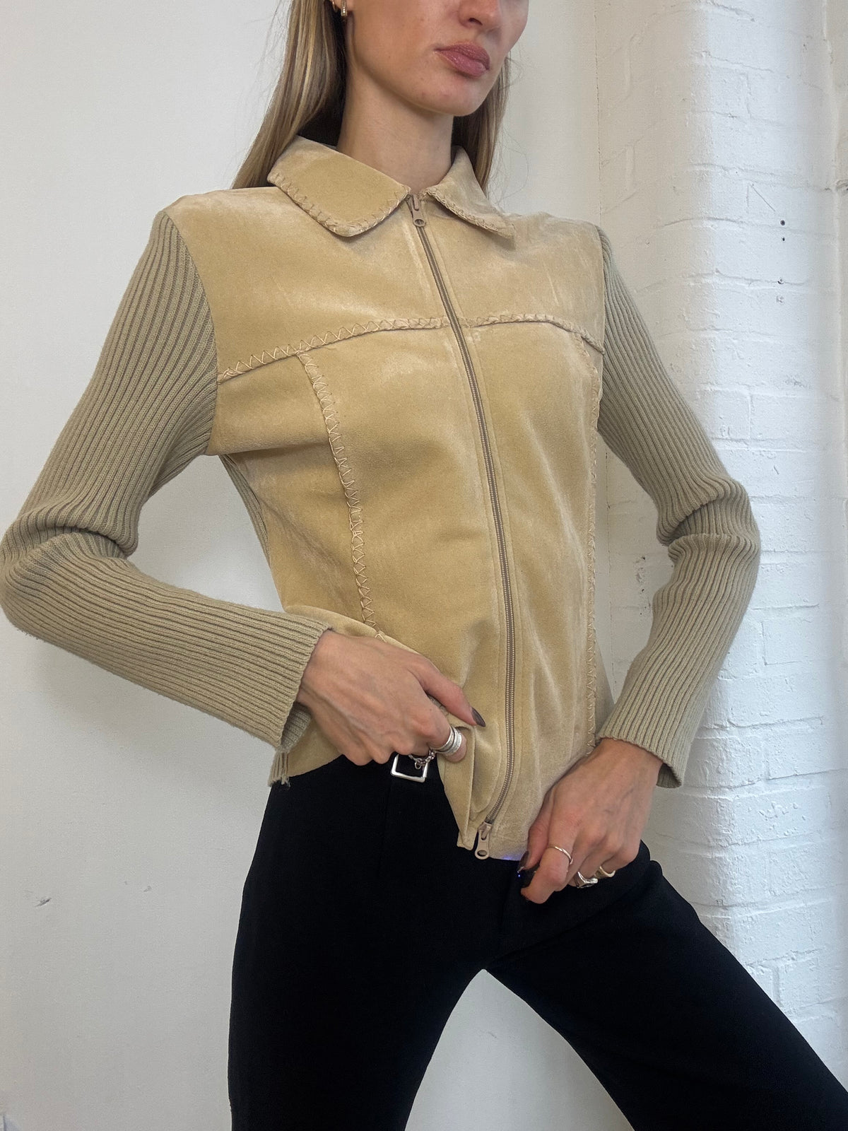 Vintage Y2K List Beige Faux Suede & Rib Knit Zip Jacket - Size M