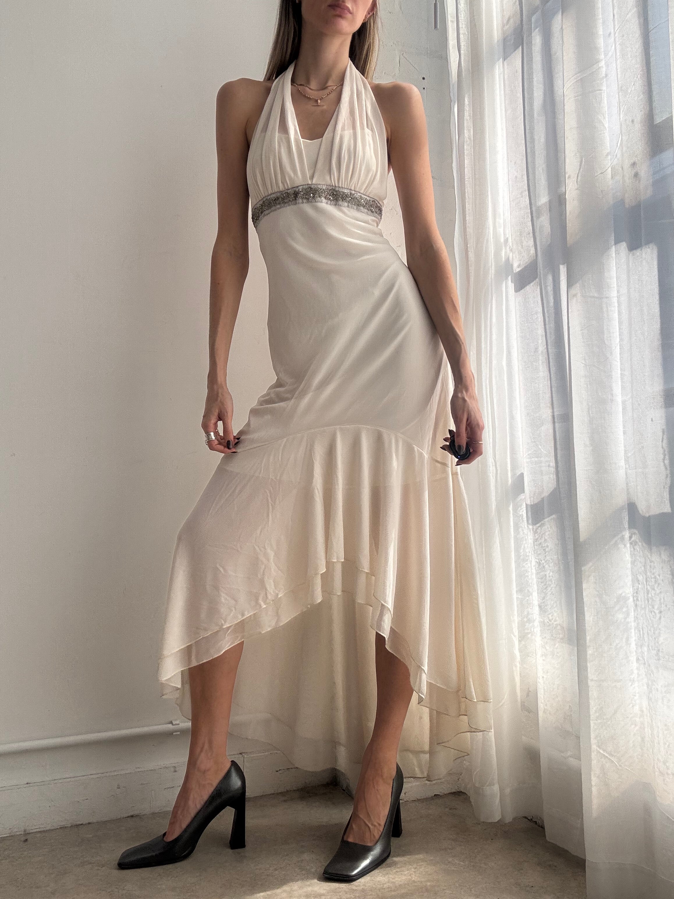 Vintage Y2K cream halter chiffon asymmetrical midi dress - Size L
