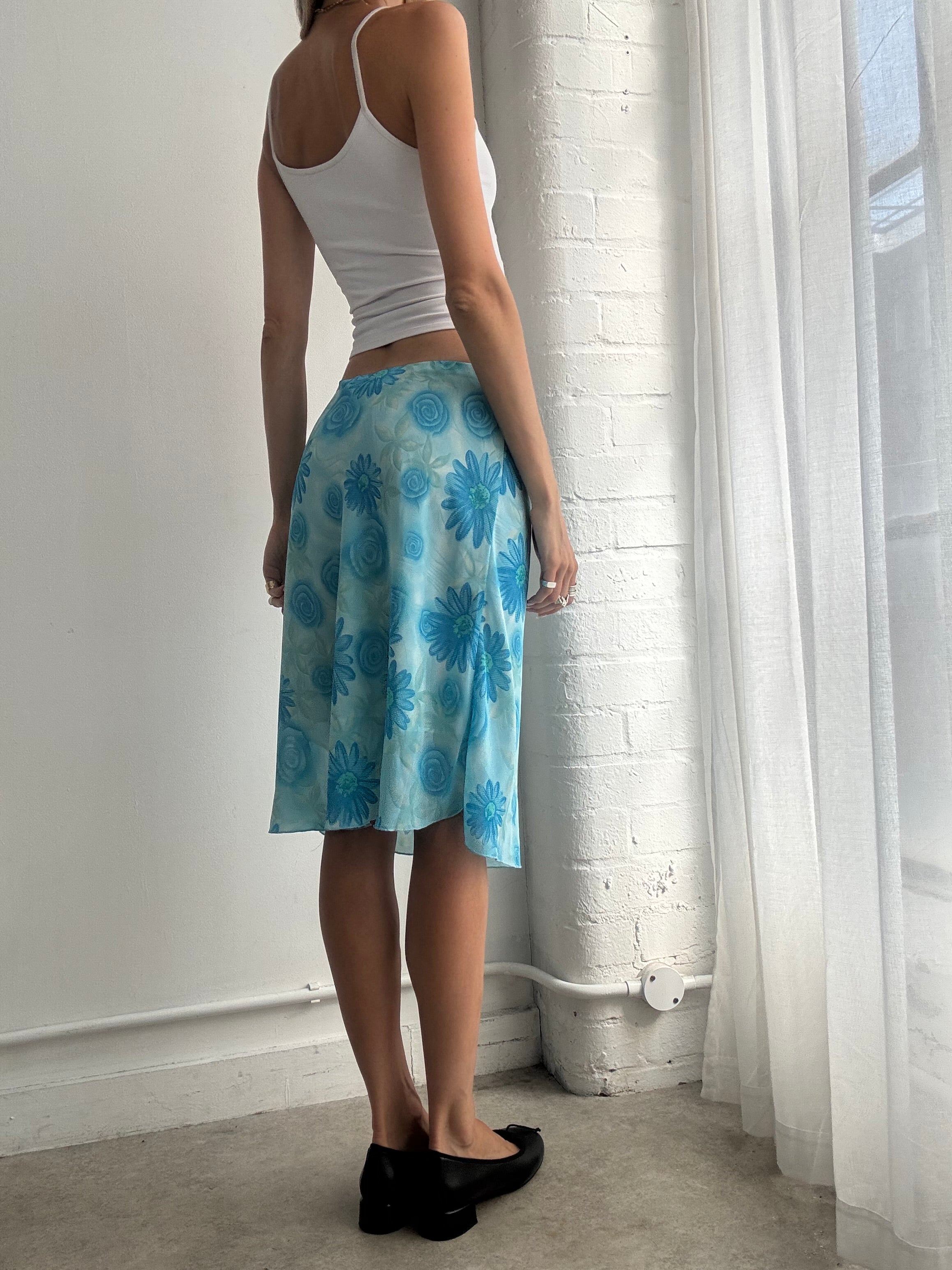 Vintage Y2K Blue Floral Mesh Midi Skirt - Size S/M