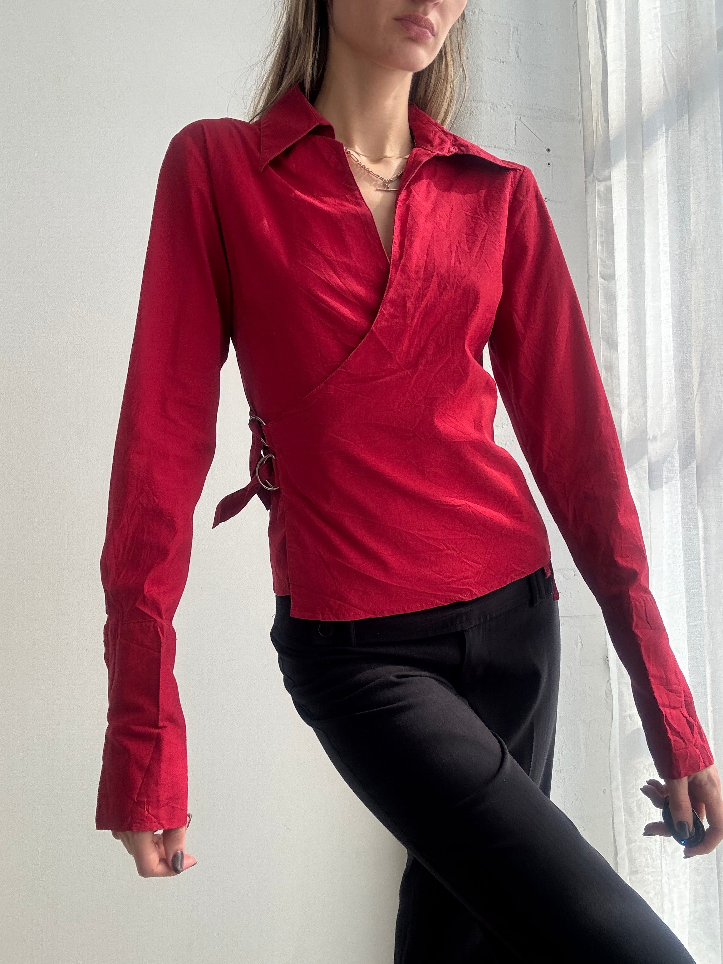 Vintage Y2K red wrap blouse with buckle waist