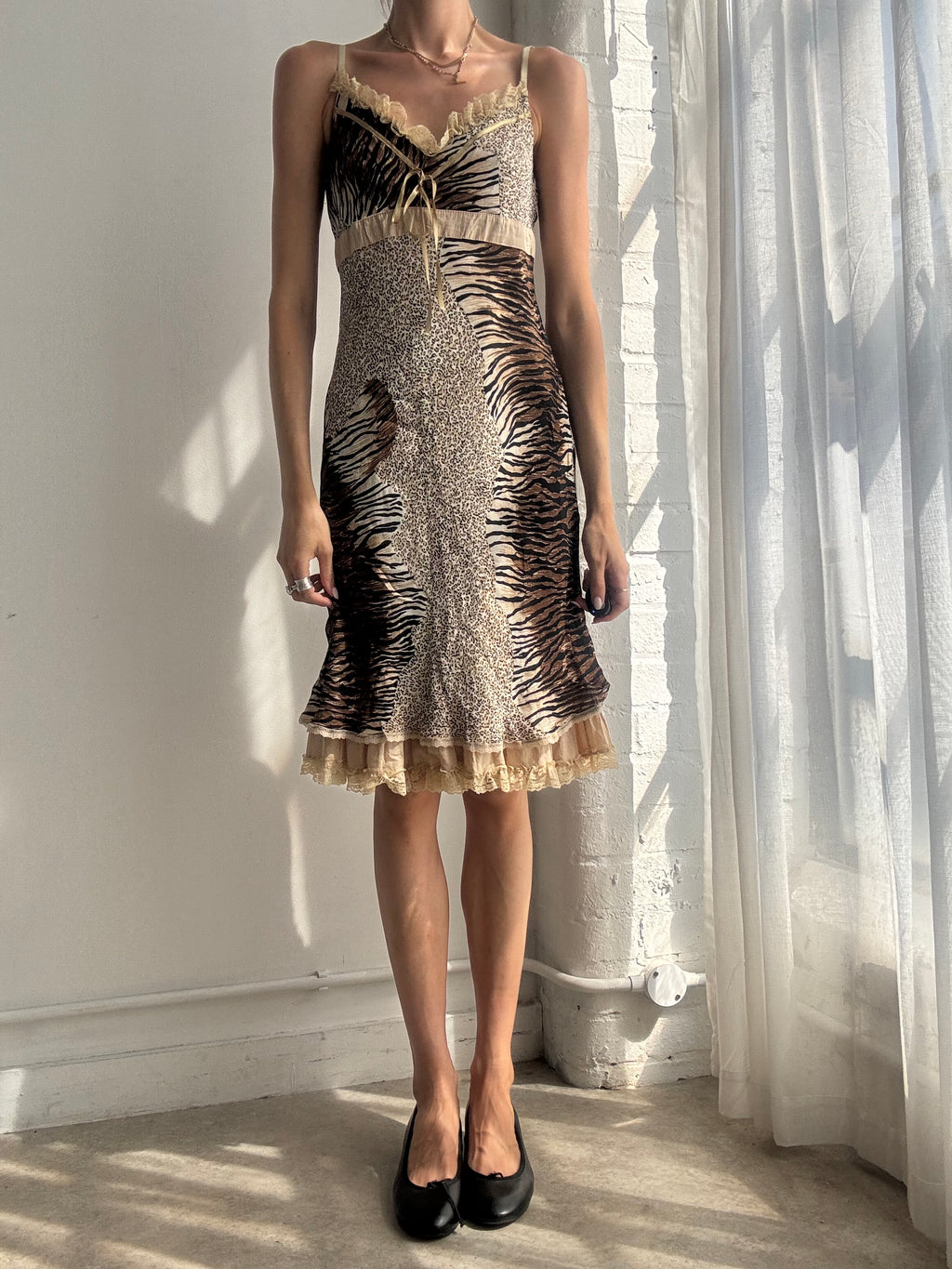 Vintage Y2K Animal Print Ruffle Slip Dress - Size S/M