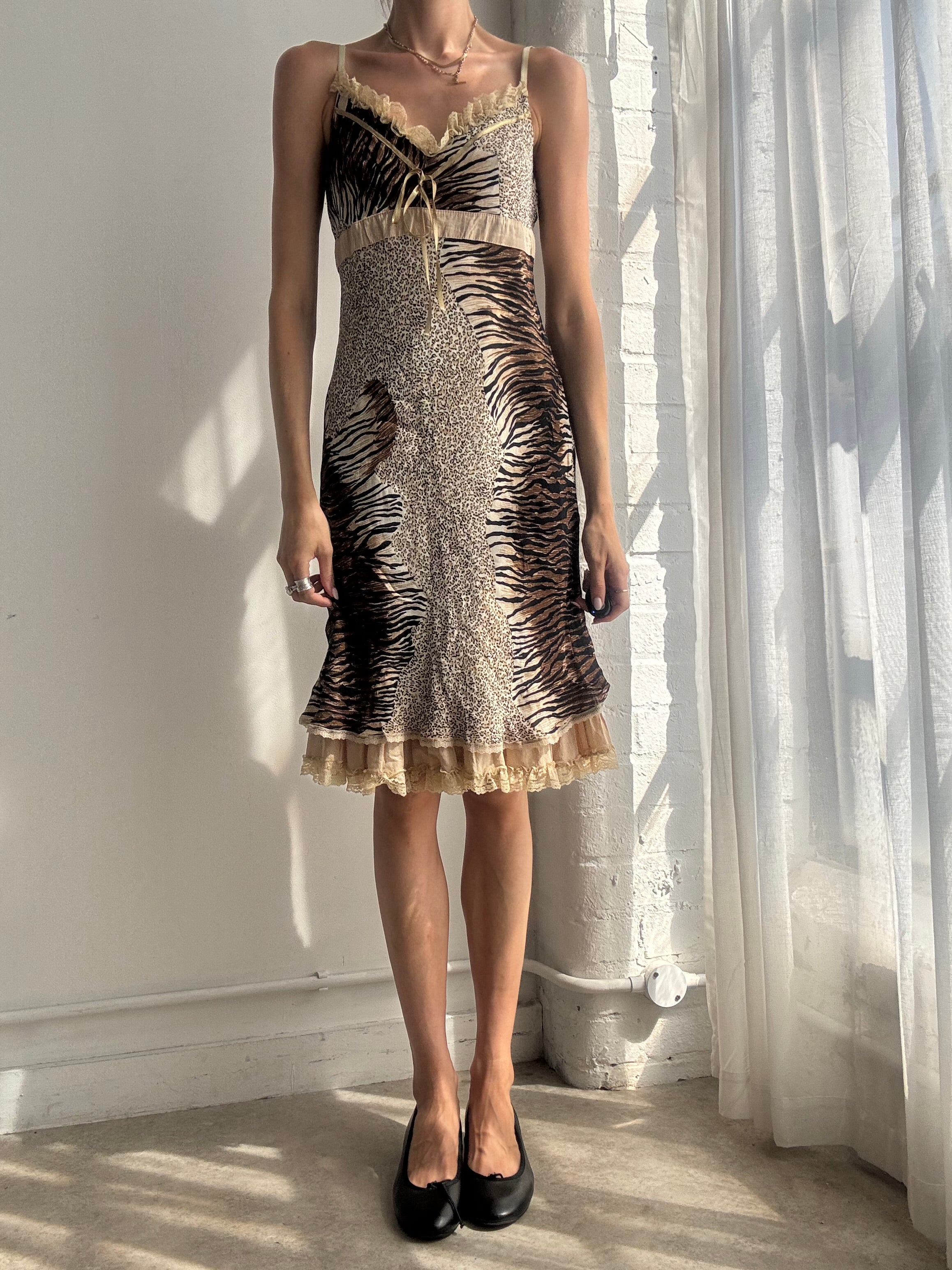 Vintage Y2K Animal Print Ruffle Slip Dress - Size S/M