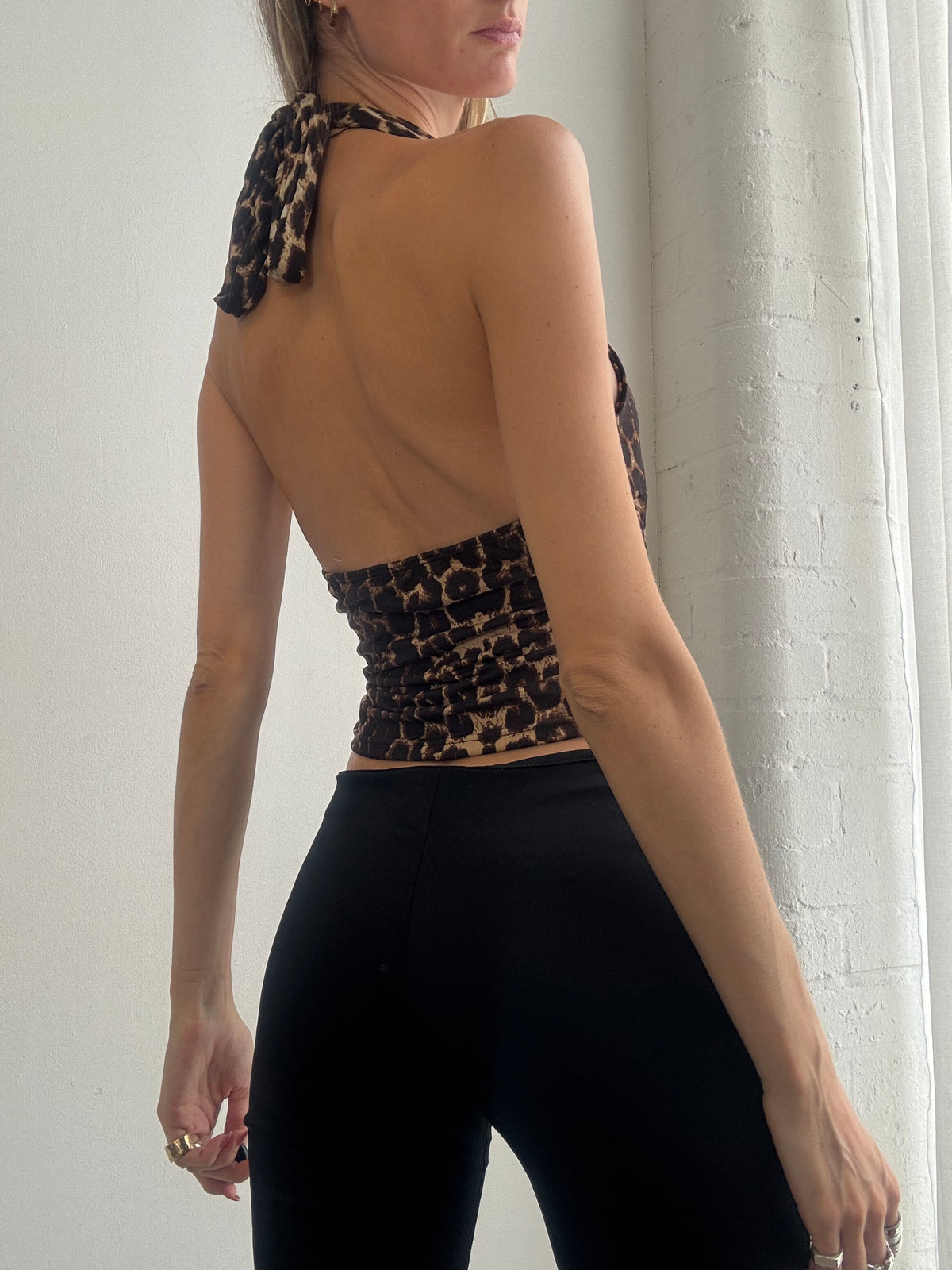 Vintage Y2K Leopard Print Halter Neck Top - Size L