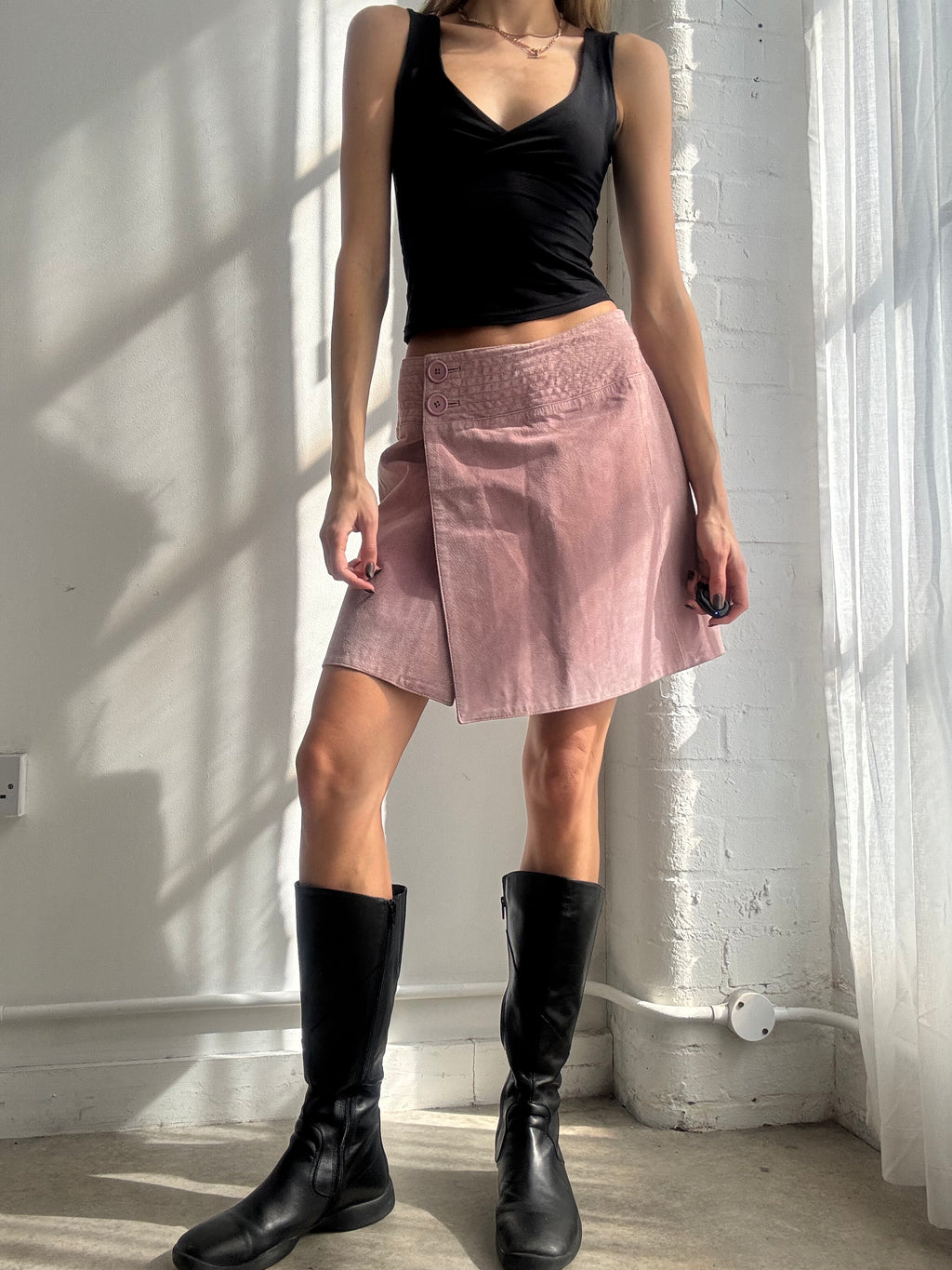 Vintage Y2K pink suede wrap midi skirt