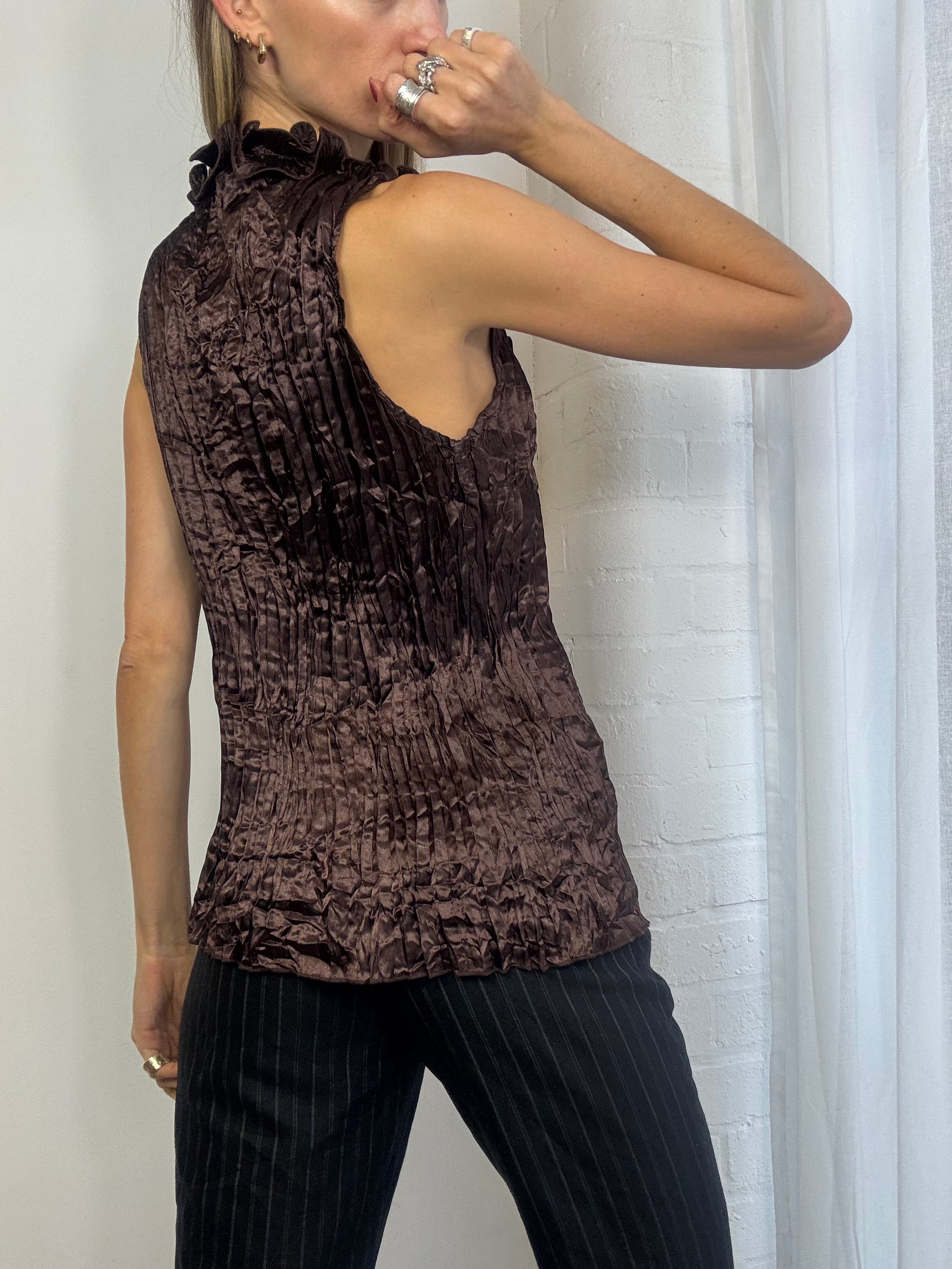 Vintage Y2K brown satin ruffle top