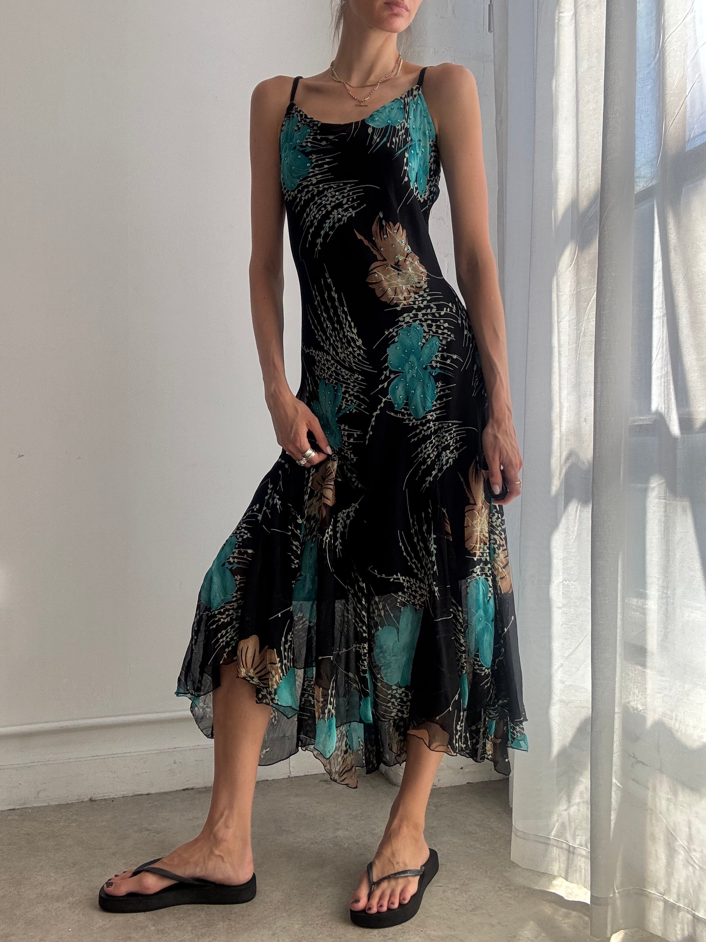 Vintage Tropical Floral Mesh Asymmetric Midi Dress Y2K - Size M/L