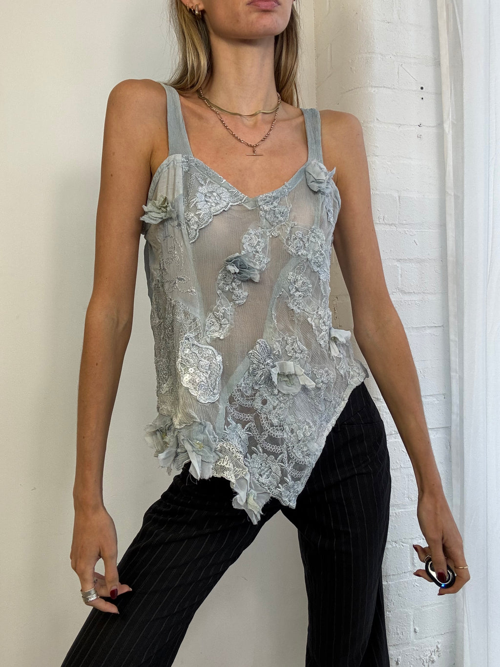 Vintage 90s silk & lace asymmetric ruffle cami top