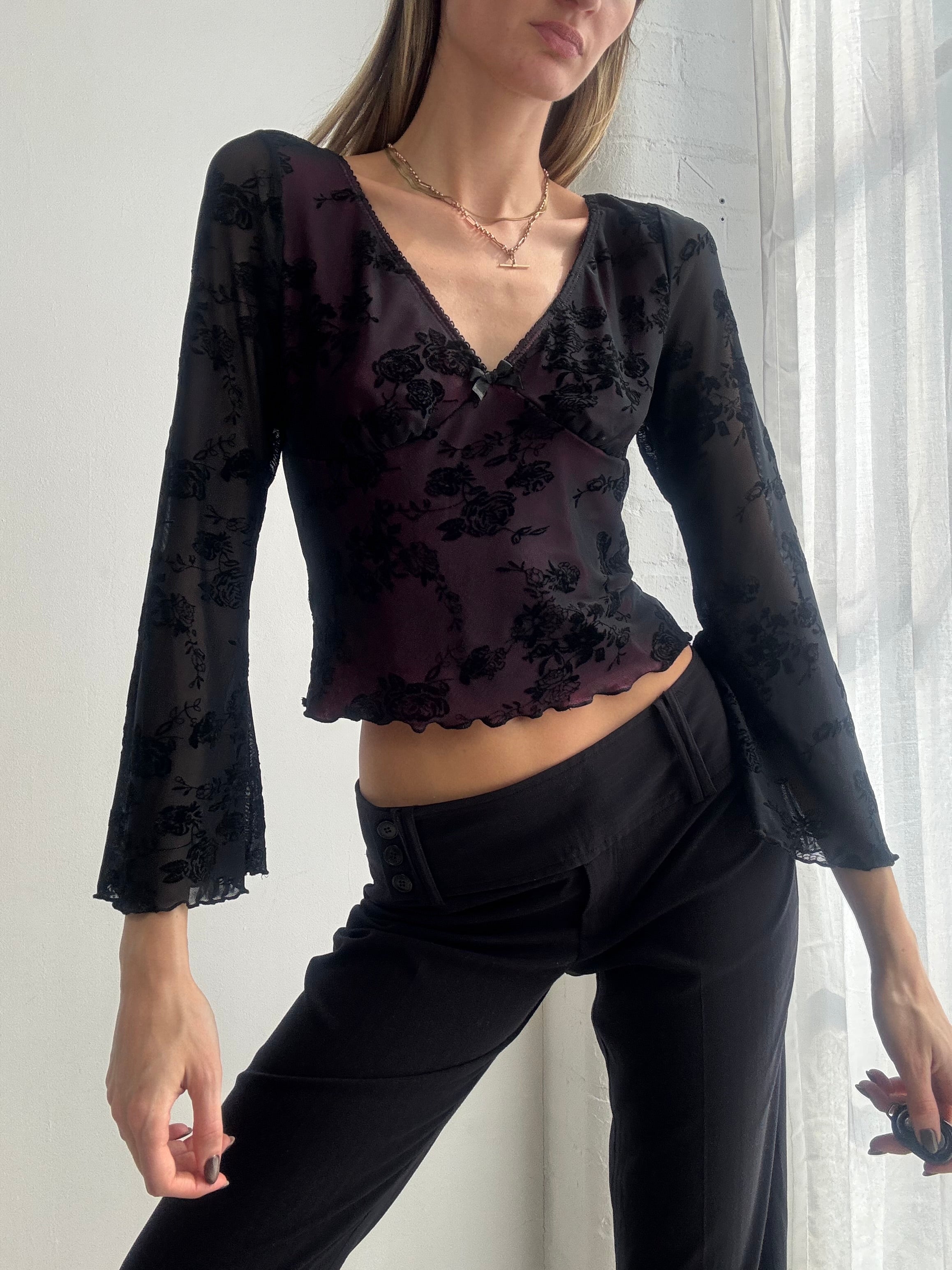 Vintage Y2K black floral mesh flare sleeve top