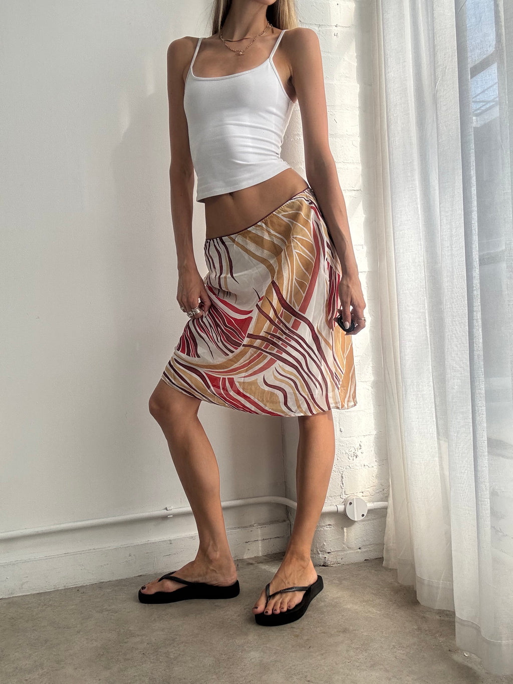Vintage Y2K Abstract Print Mesh Midi Skirt - Size S