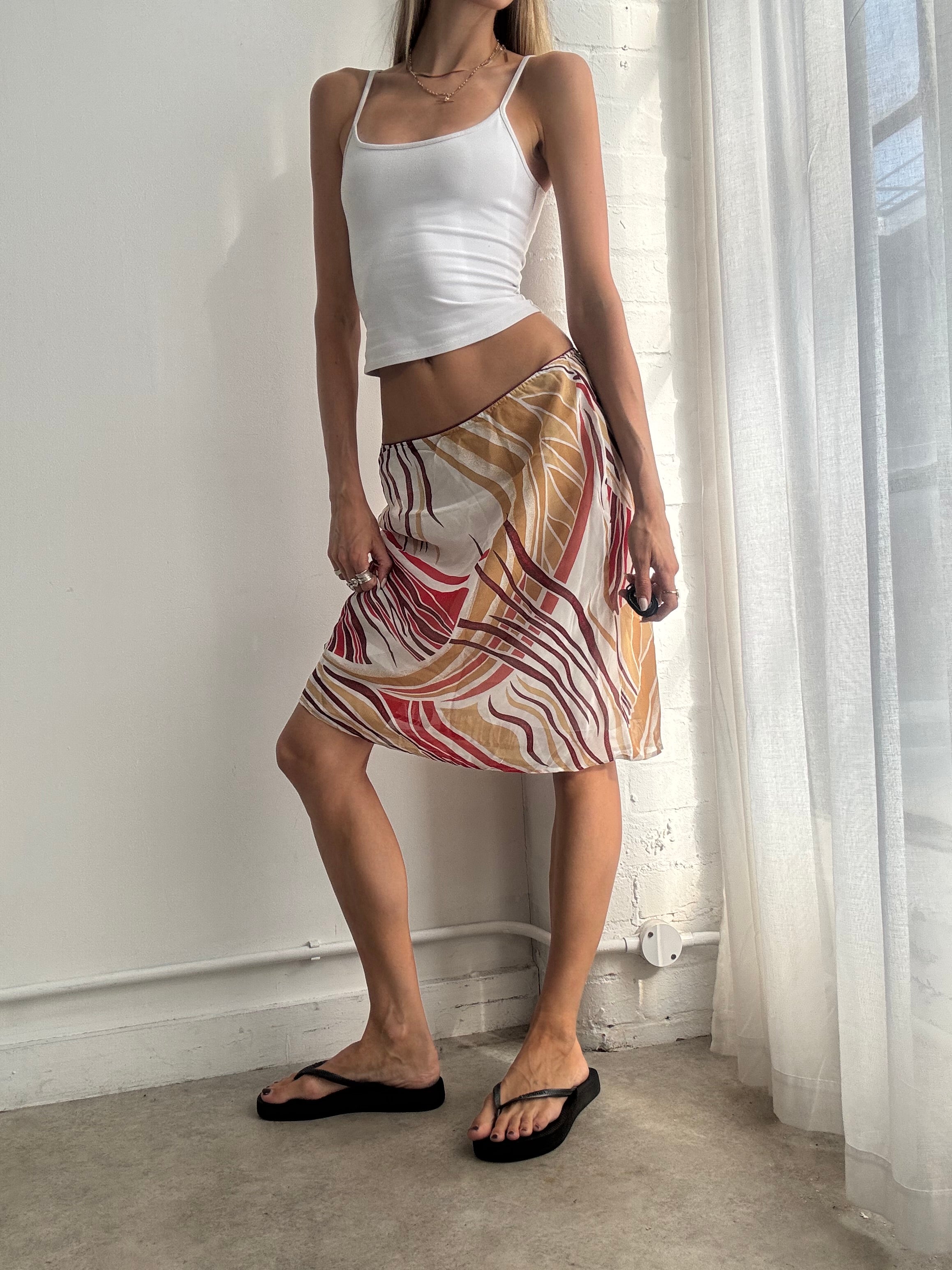 Vintage Y2K Abstract Print Mesh Midi Skirt - Size S