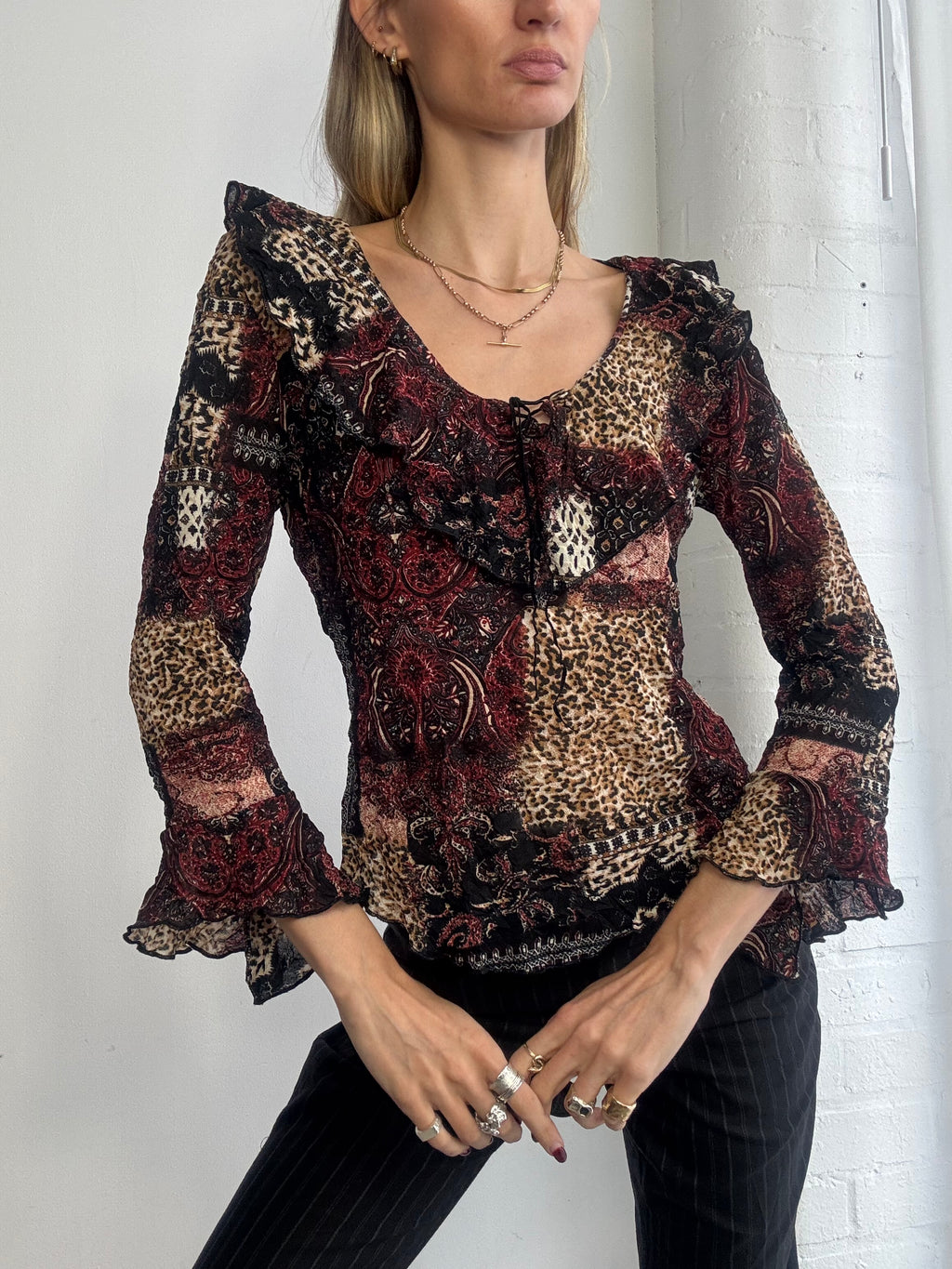 Vintage Y2K burgundy animal print ruffle blouse