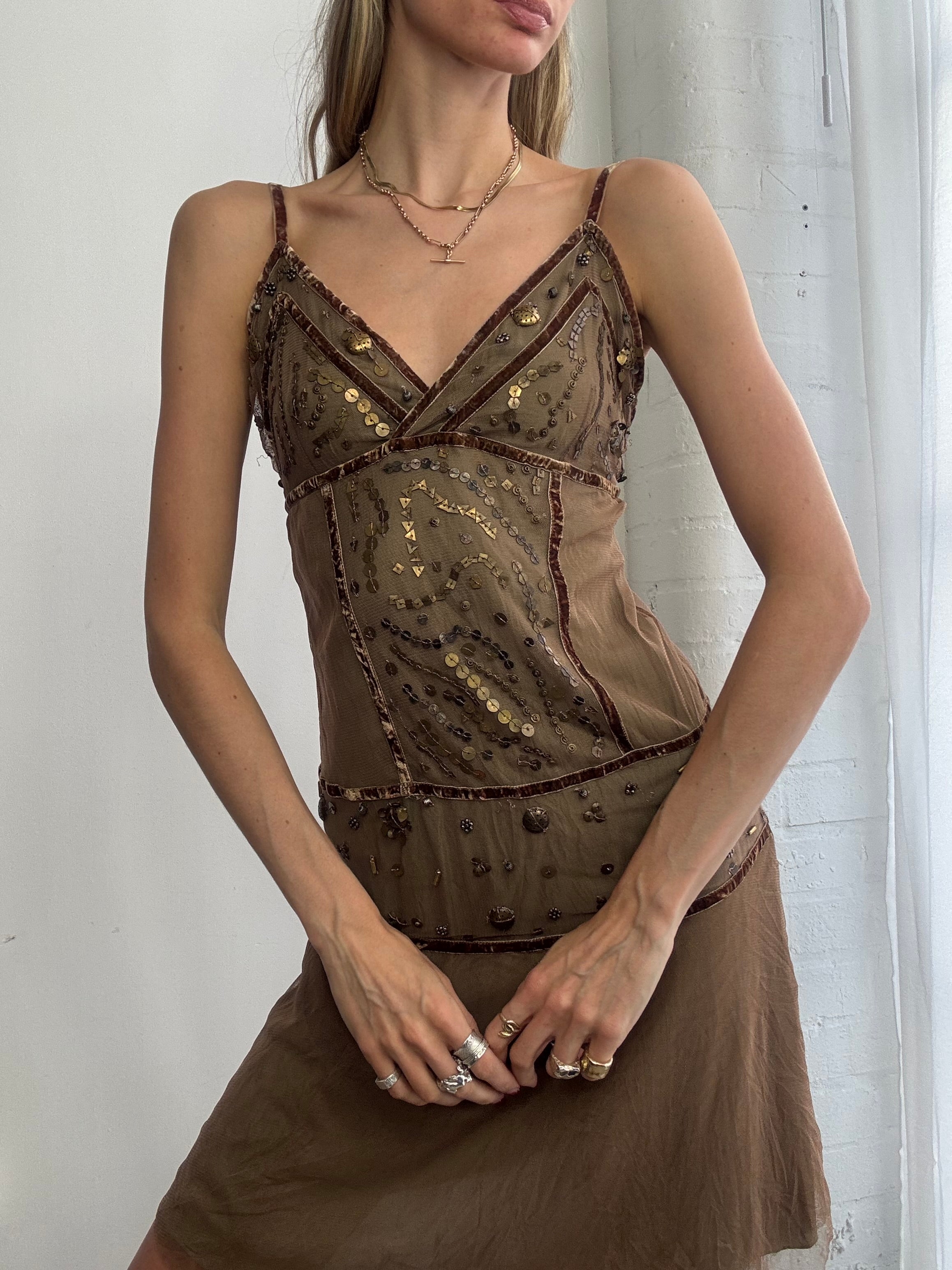 Vintage Y2K olive green mesh slip dress studded