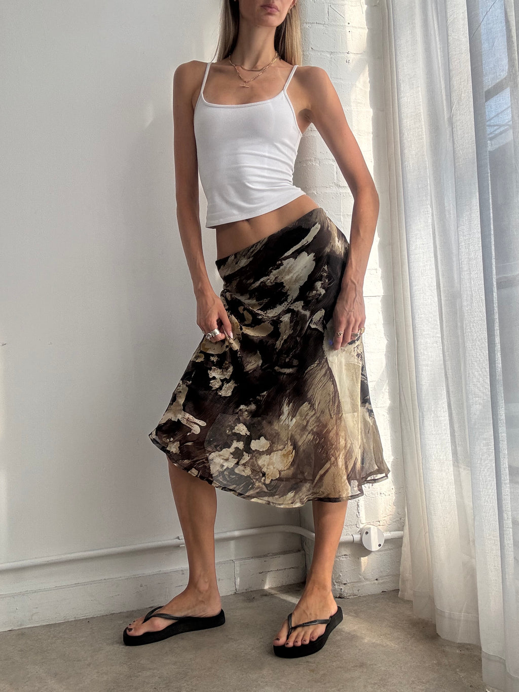 Vintage Y2K Abstract Mesh Bias Cut Midi Skirt - Size L