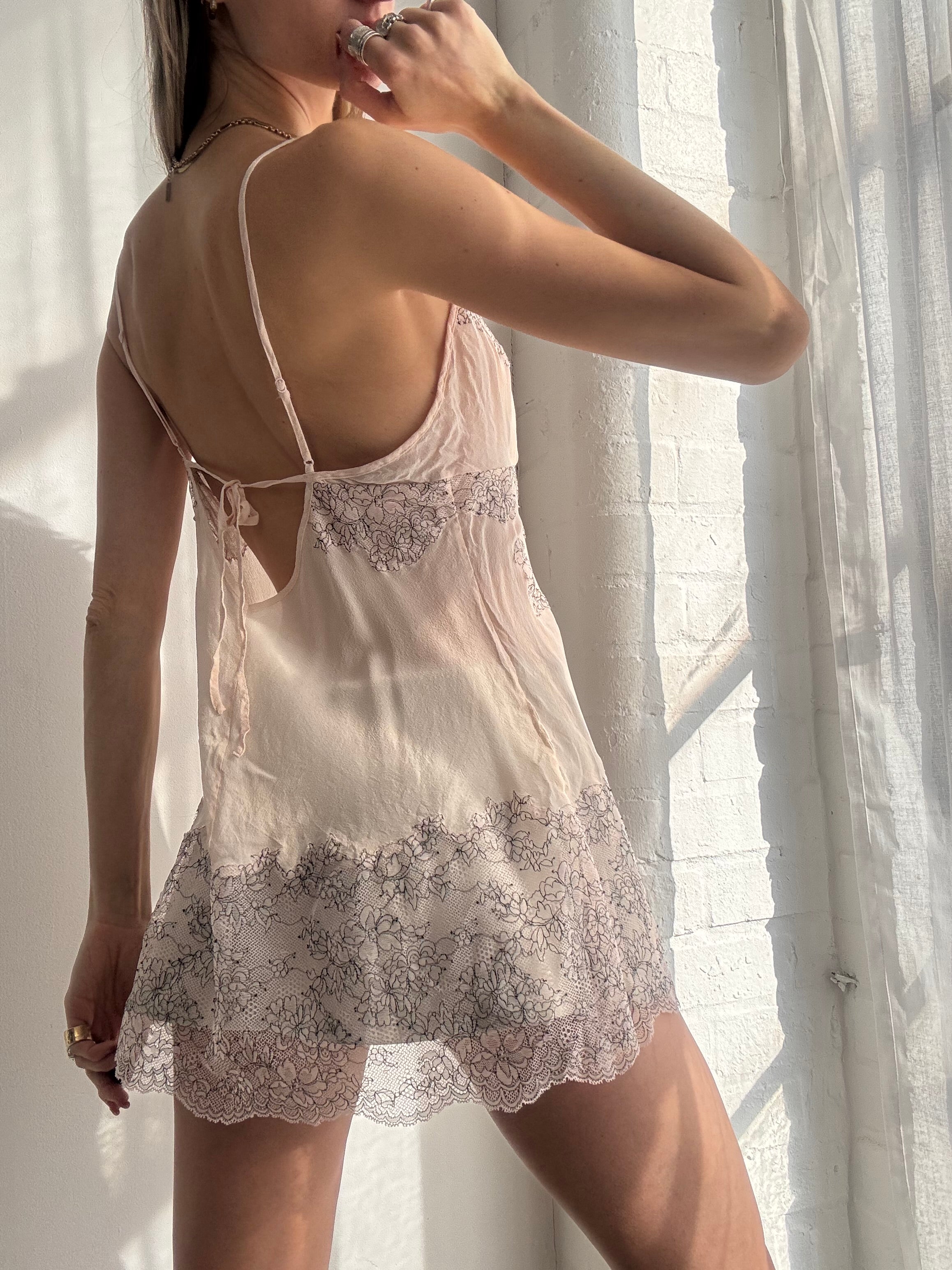 Vintage Y2K blush pink 100% silk embroidered slip mini dress