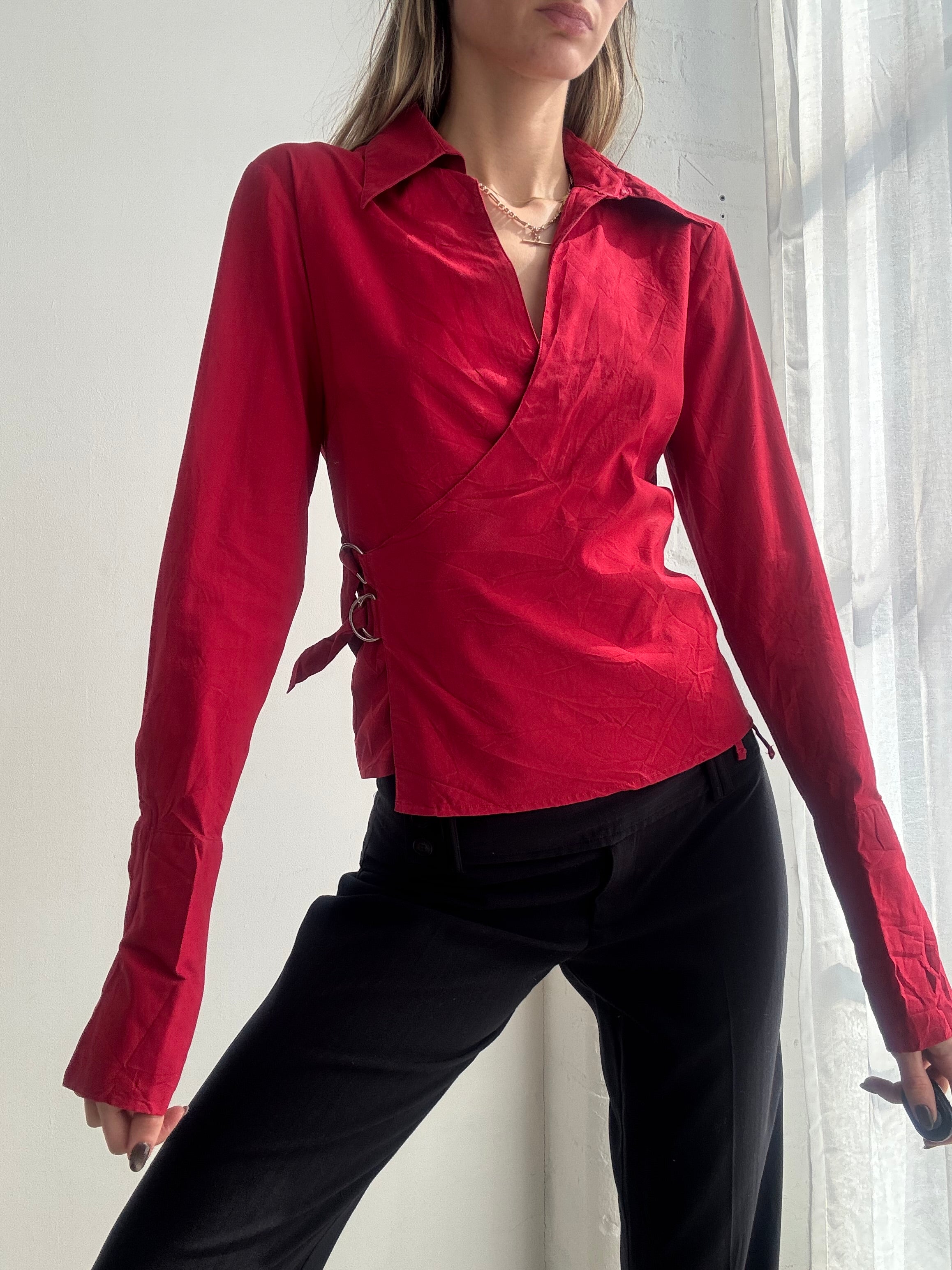 Vintage Y2K red wrap blouse with buckle waist