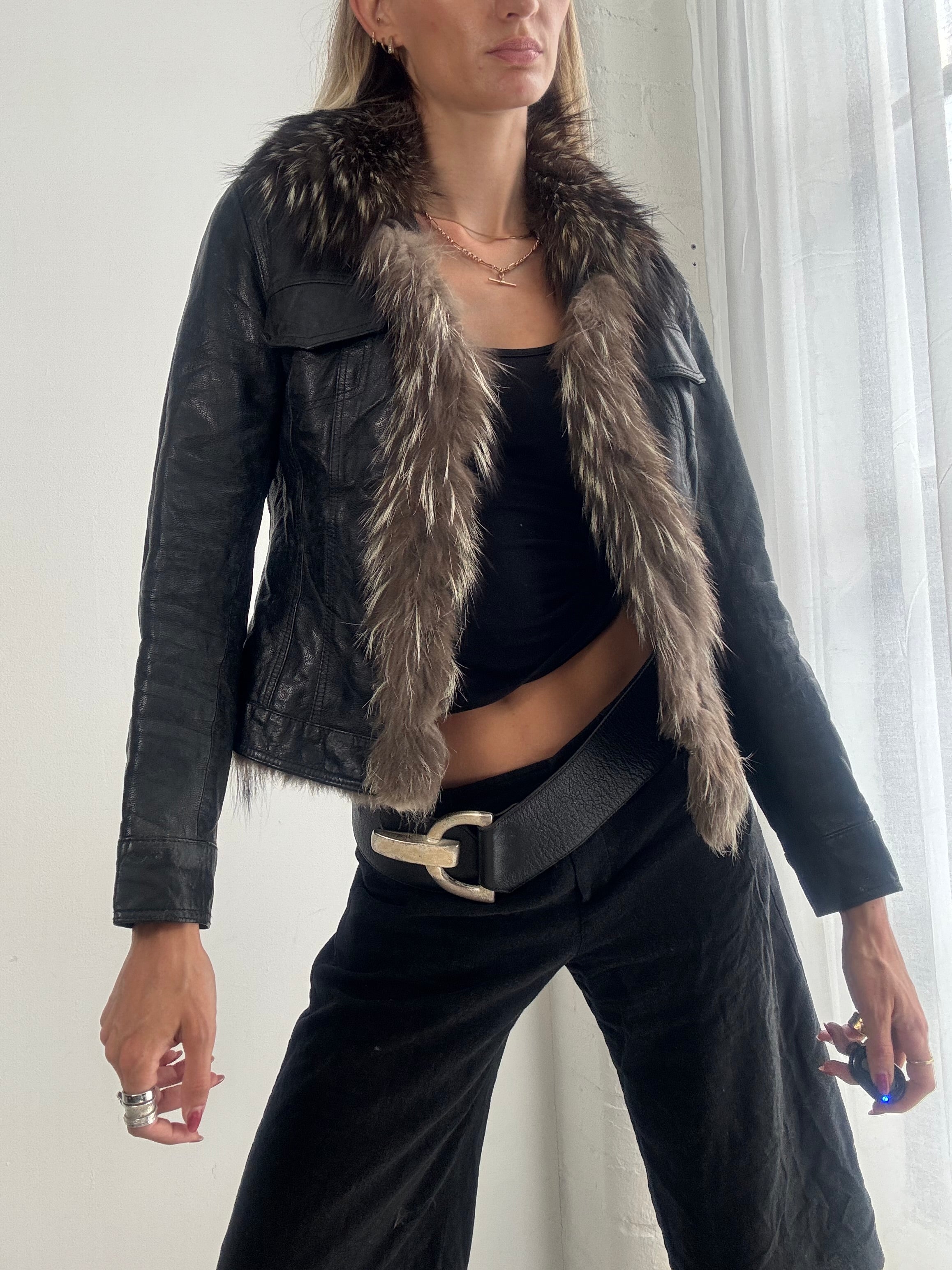 Vintage Y2K Black Leather Fox Fur Trim Afghan Jacket - Size XS