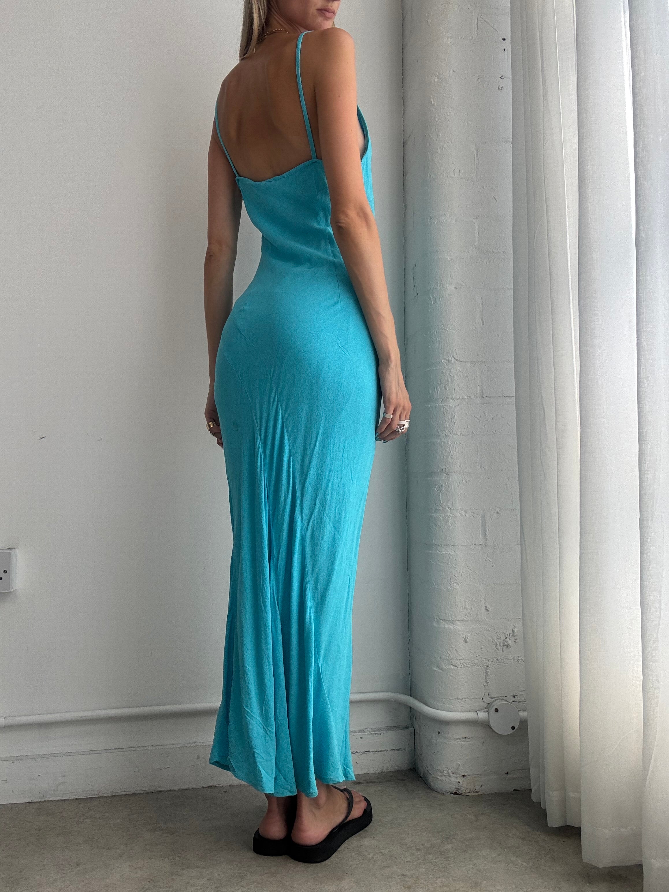Vintage Y2K Turquoise Cowl Neck Maxi Dress – Bias Cut Slip Evening Dress - Size S