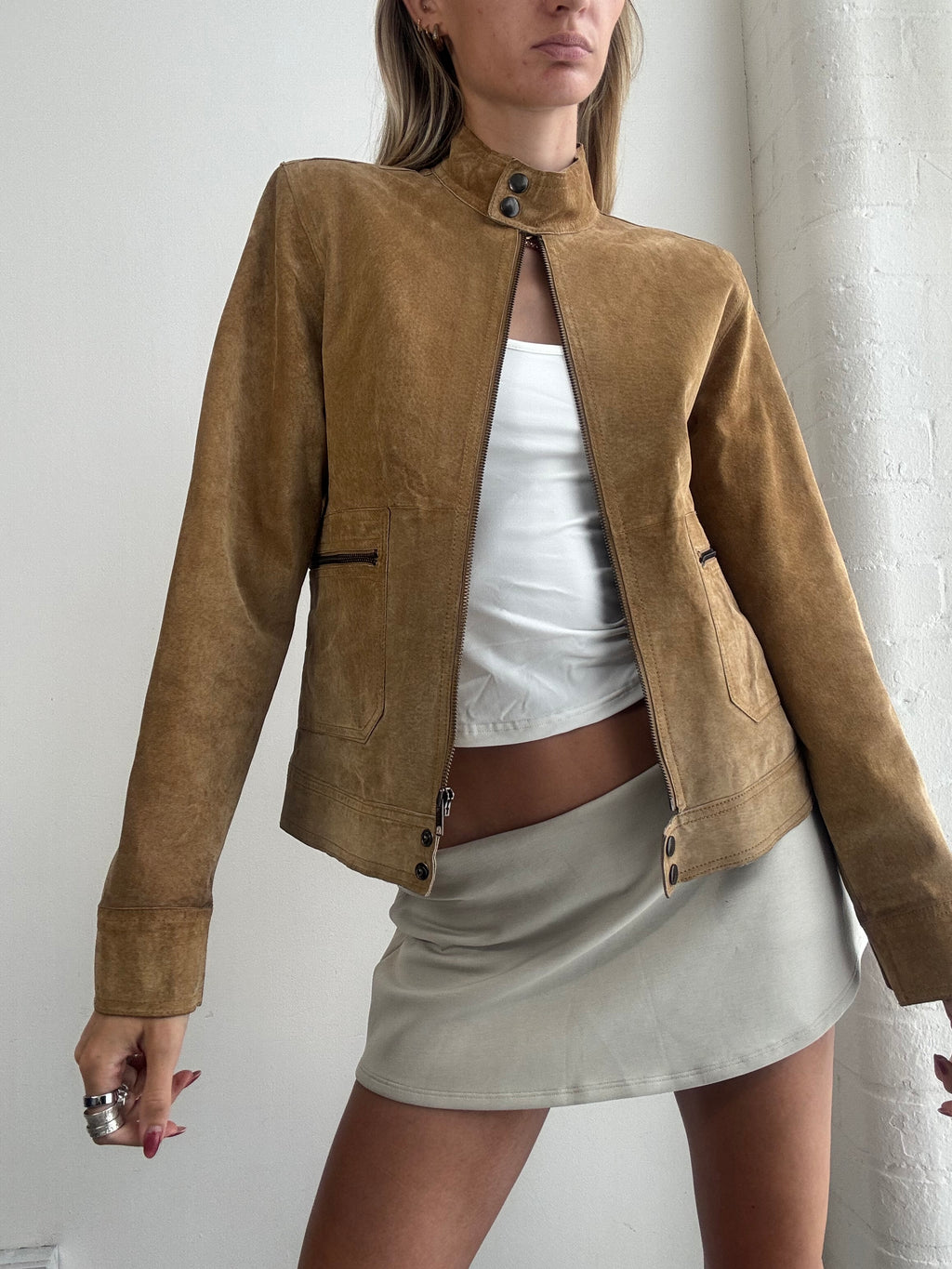Vintage Y2K Tan Suede Fitted Biker Jacket - Size M
