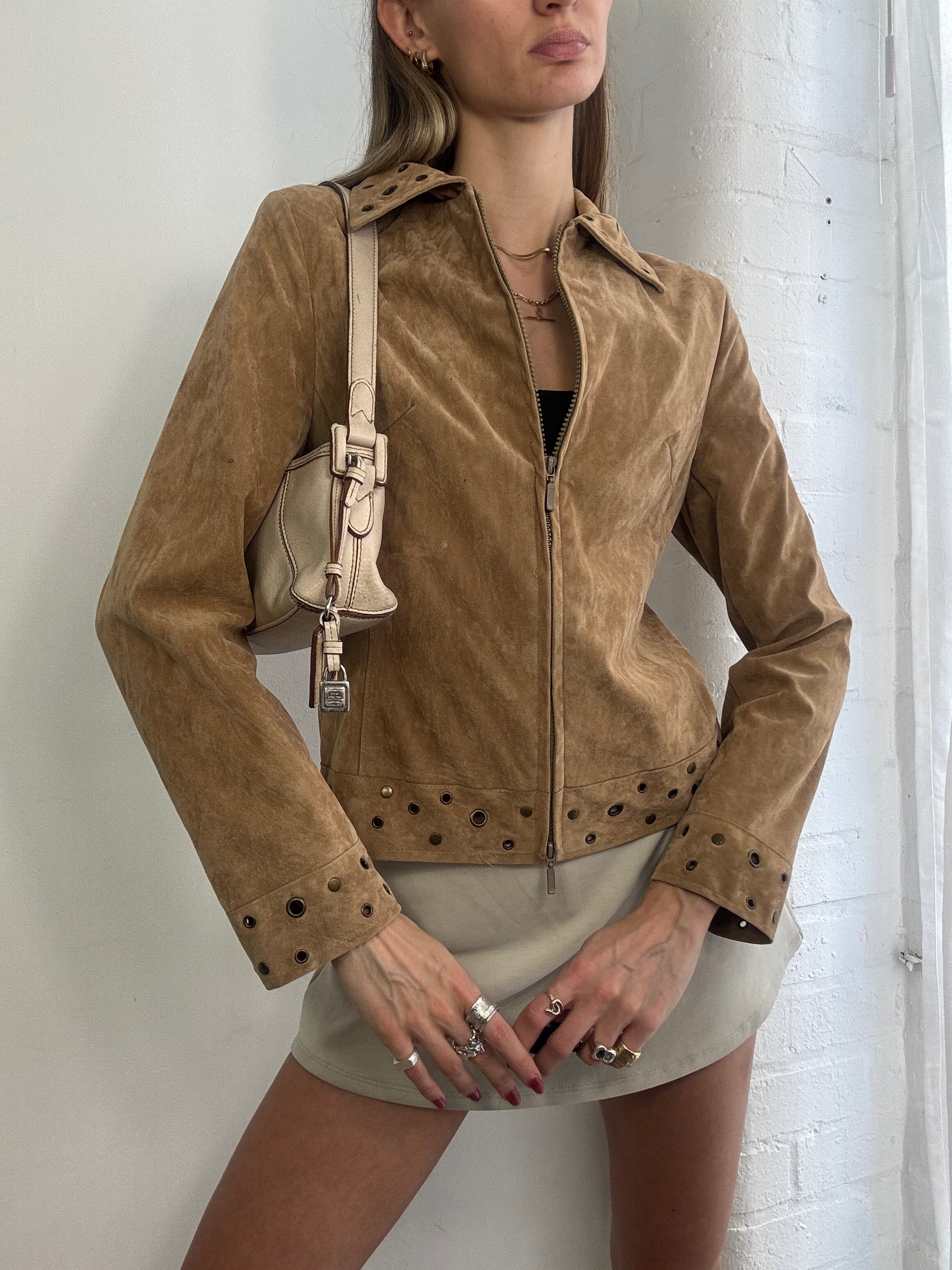 Vintage Y2K tan faux suede studded jacket