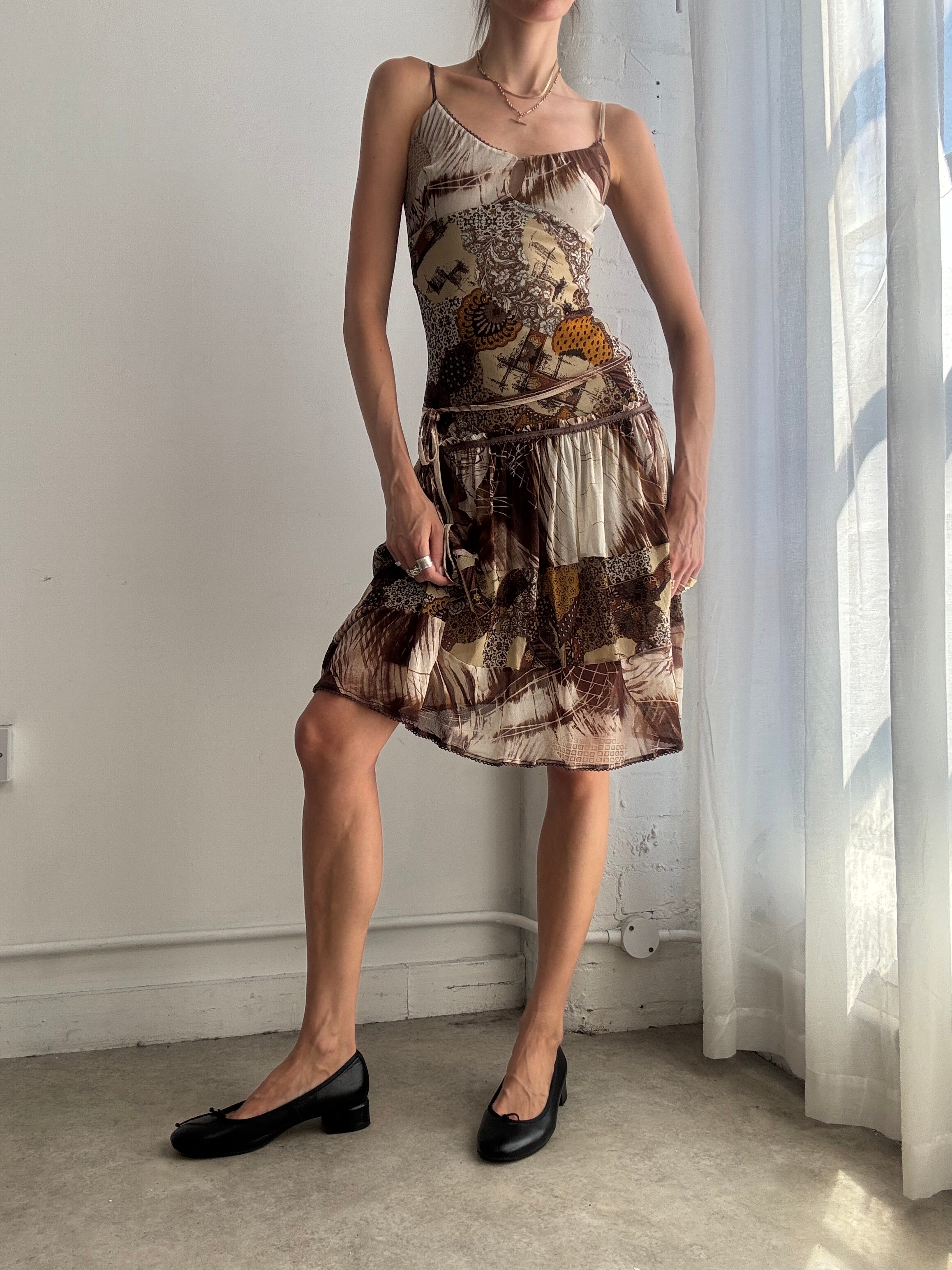 Vintage Y2K Abstract Print Mesh Handkerchief Hem Dress - Size XS