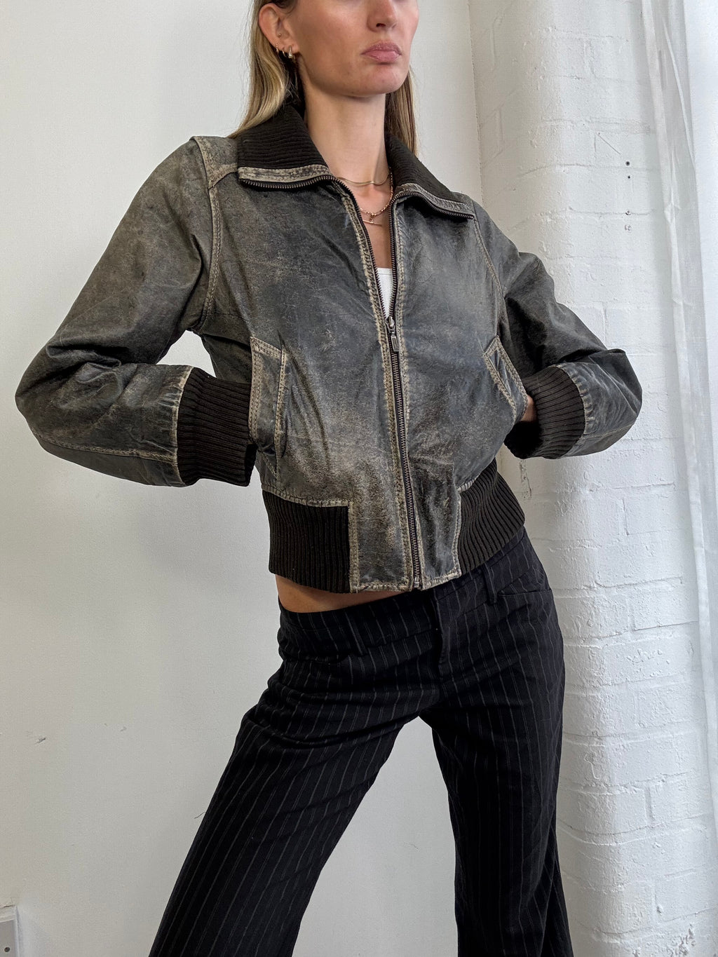 Vintage distressed faux leather bomber jacket brown
