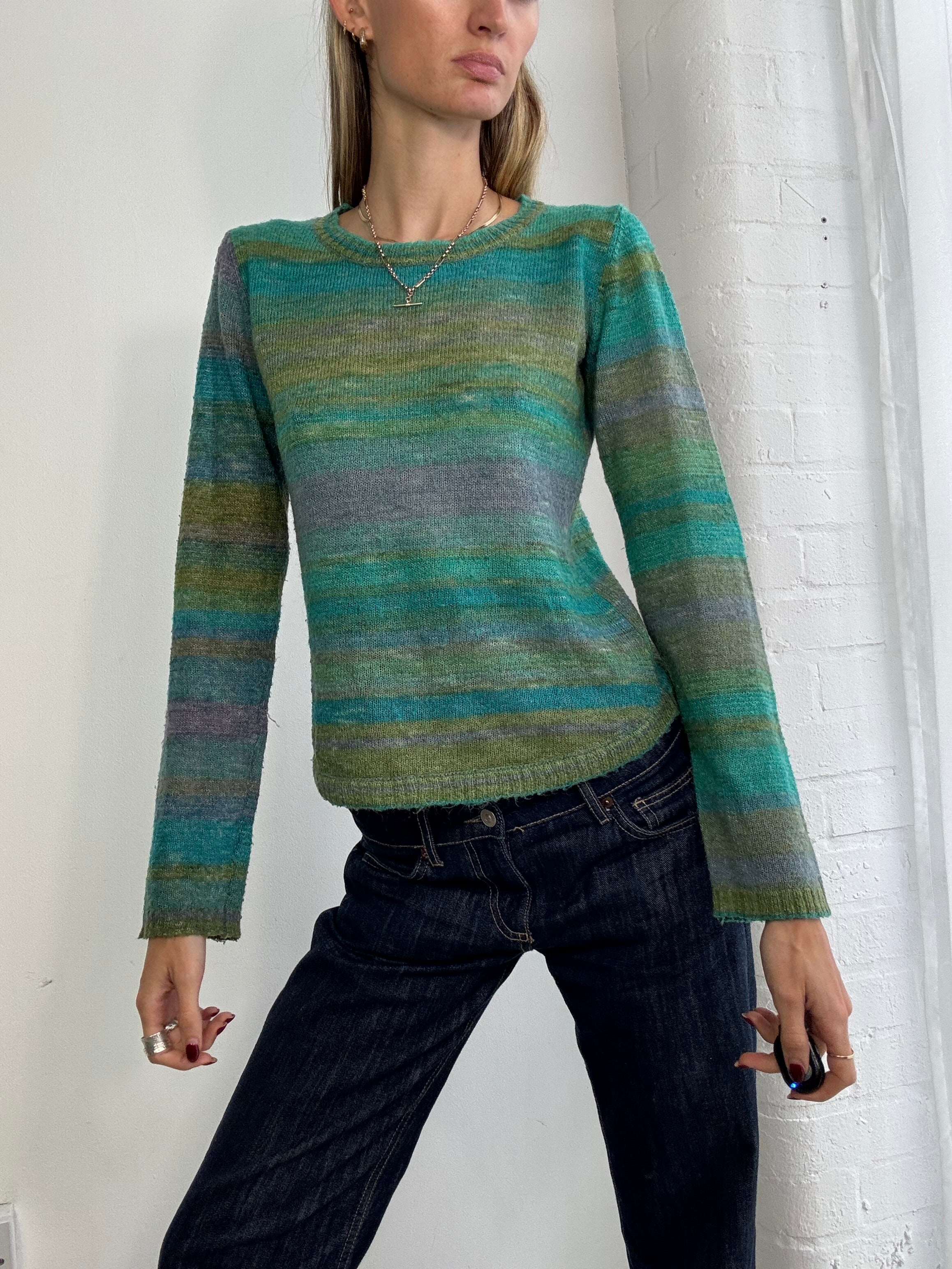 Vintage Y2K stripe knitted wool jumper green