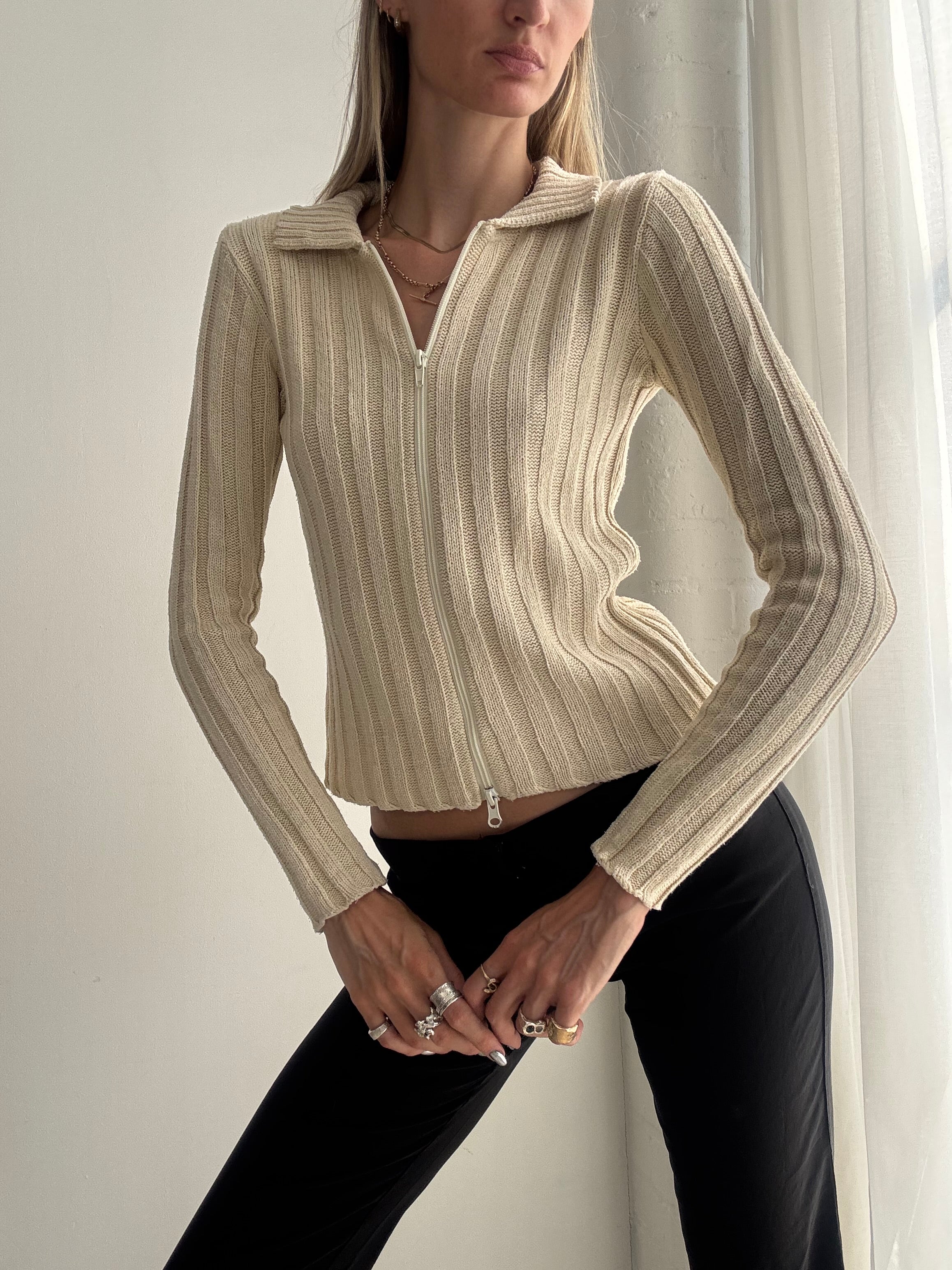 Vintage Y2K Cream Ribbed Zip Up Cardigan – Fitted Knit Zip Sweater - Size S