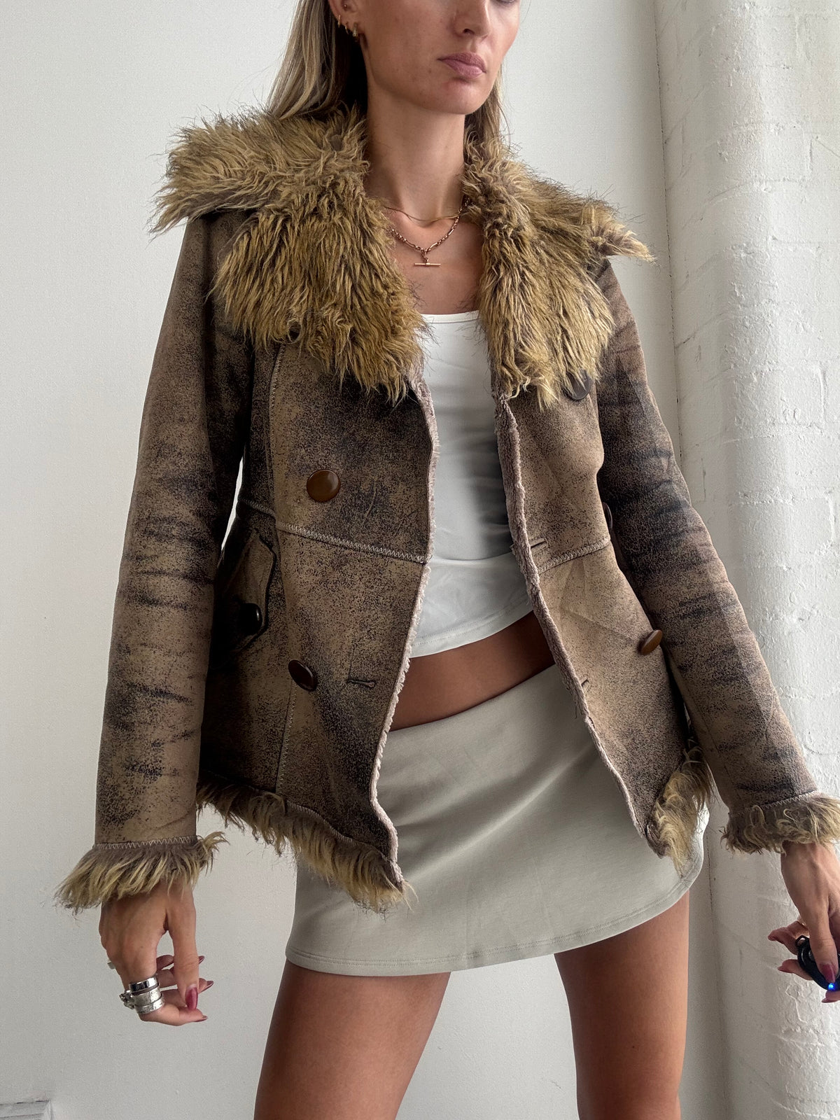 Vintage Y2K Brown Faux Fur Trim Fitted Afghan Jacket - Size S