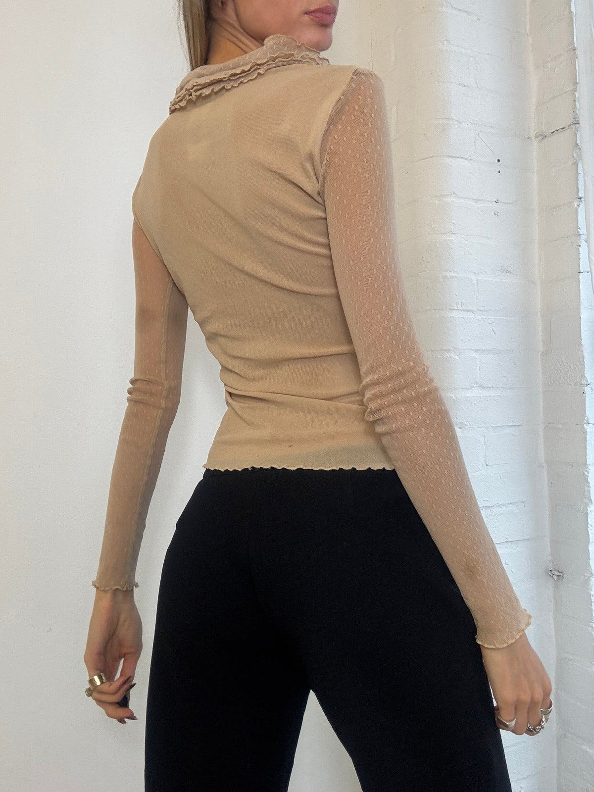 Vintage Y2K Morgan De Toi Beige Ruffle Front Mesh Sleeve Top - Size S