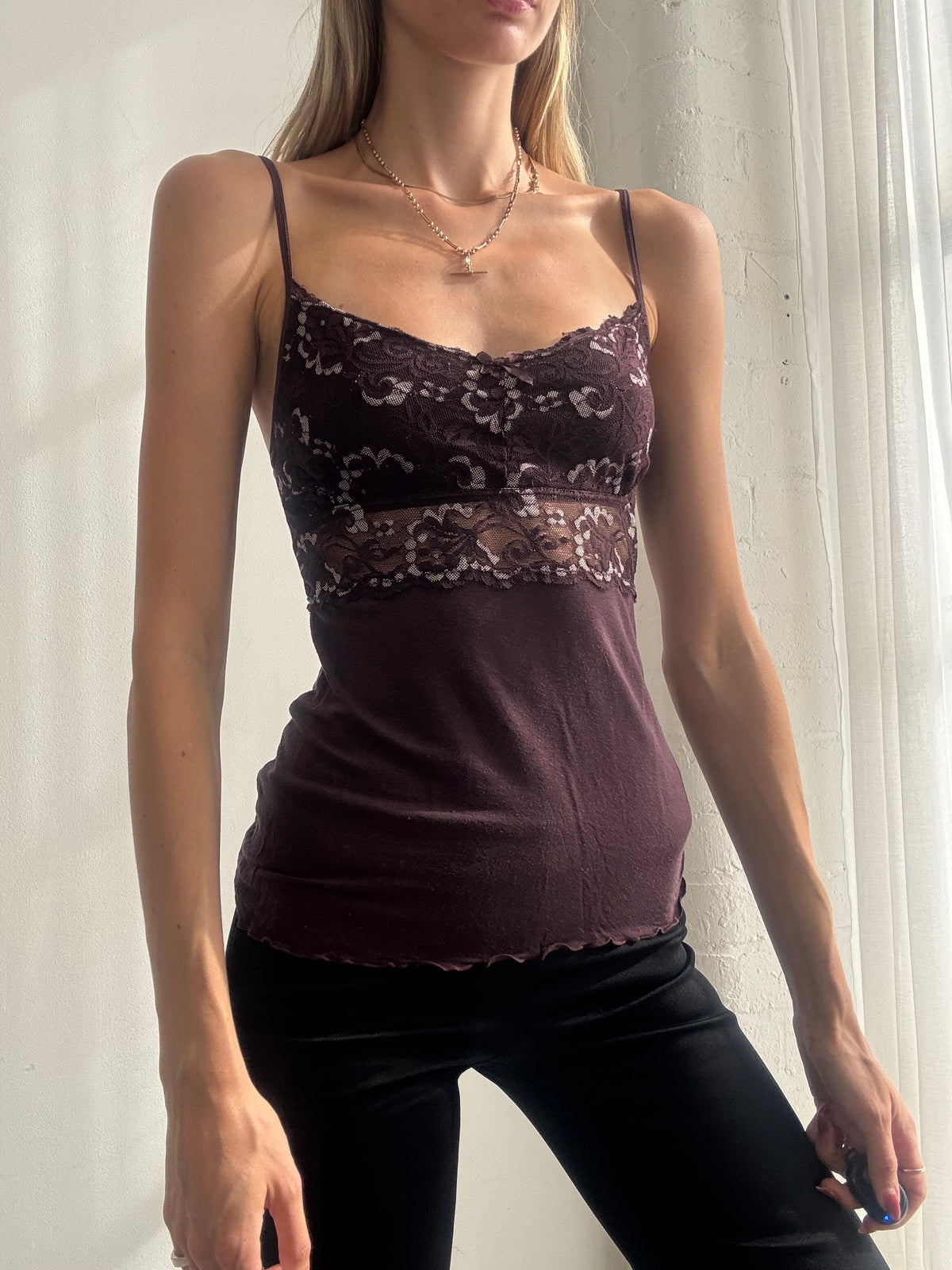 Vintage Y2K Chocolate Brown Lace Panel Cami Top - Size S