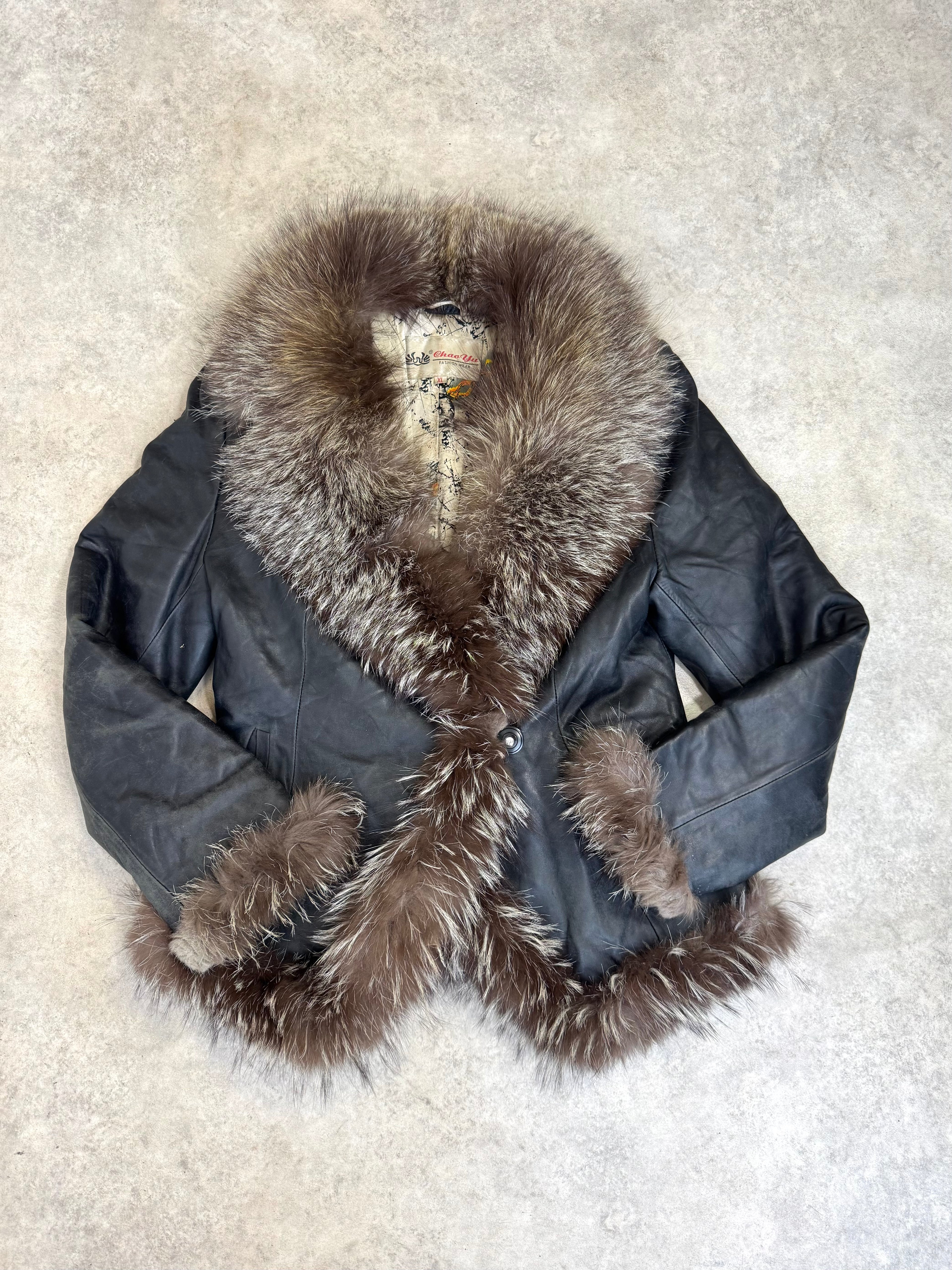 Vintage Y2K Afghan jacket black with brown fur trim