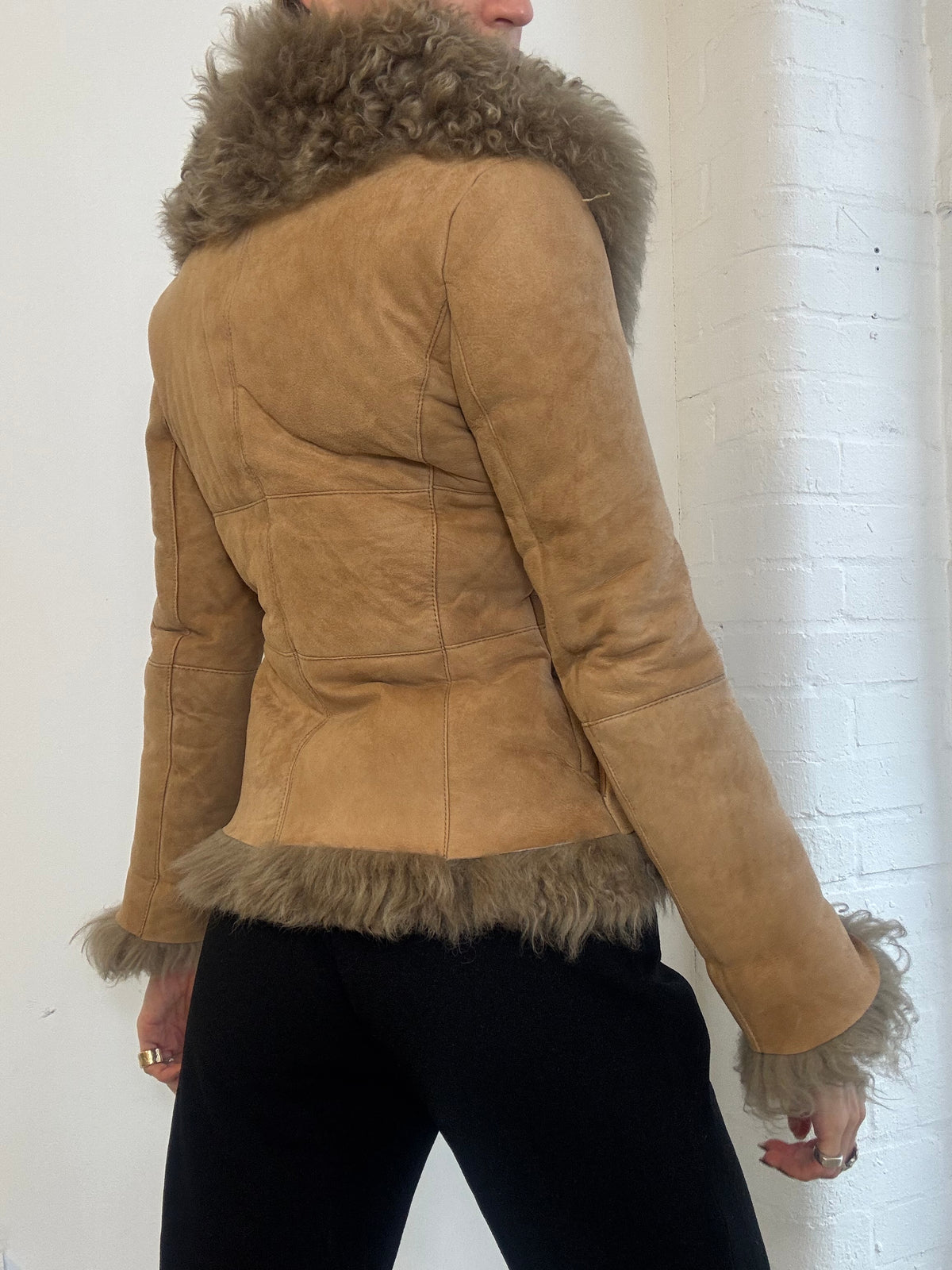 Vintage Y2K Tan Suede & Shaggy Shearling Trim Penny Lane Jacket - Size XS