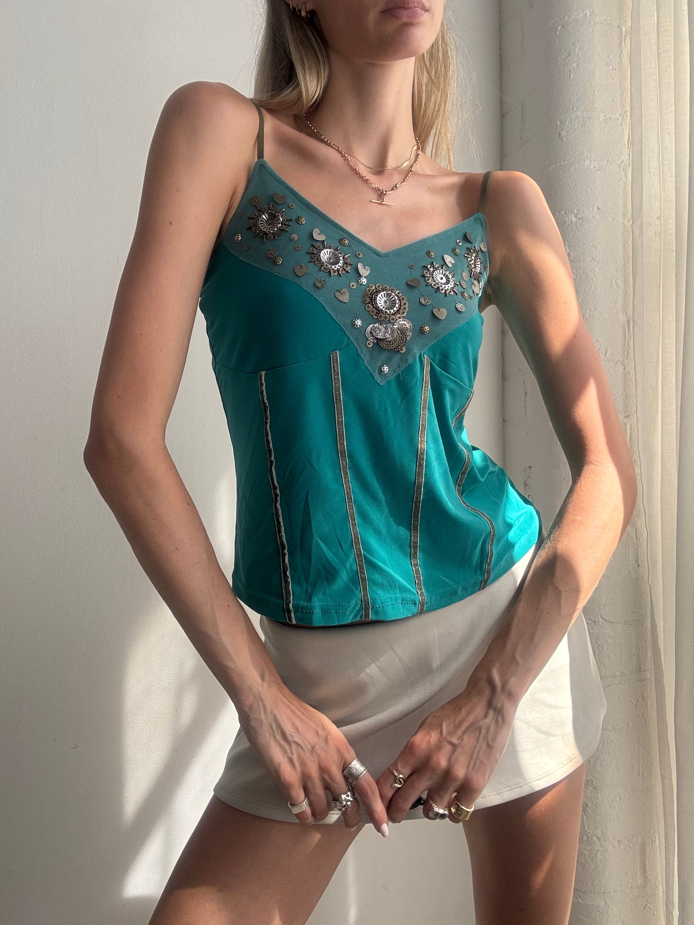 Vintage Y2K Turquoise Embellished Corset Cami Top - Size M