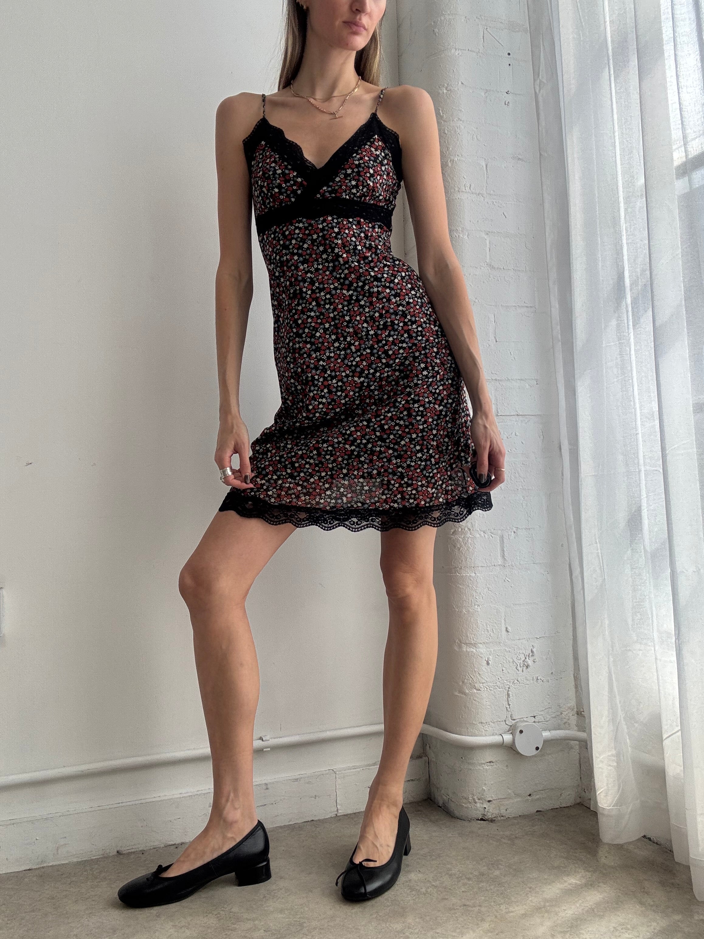 Vintage y2k black floral mesh slip mini dress - Size XS/S