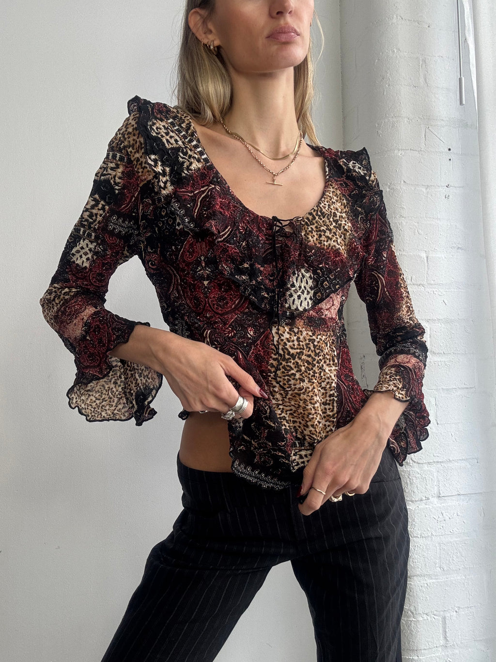 Vintage Y2K burgundy animal print ruffle blouse