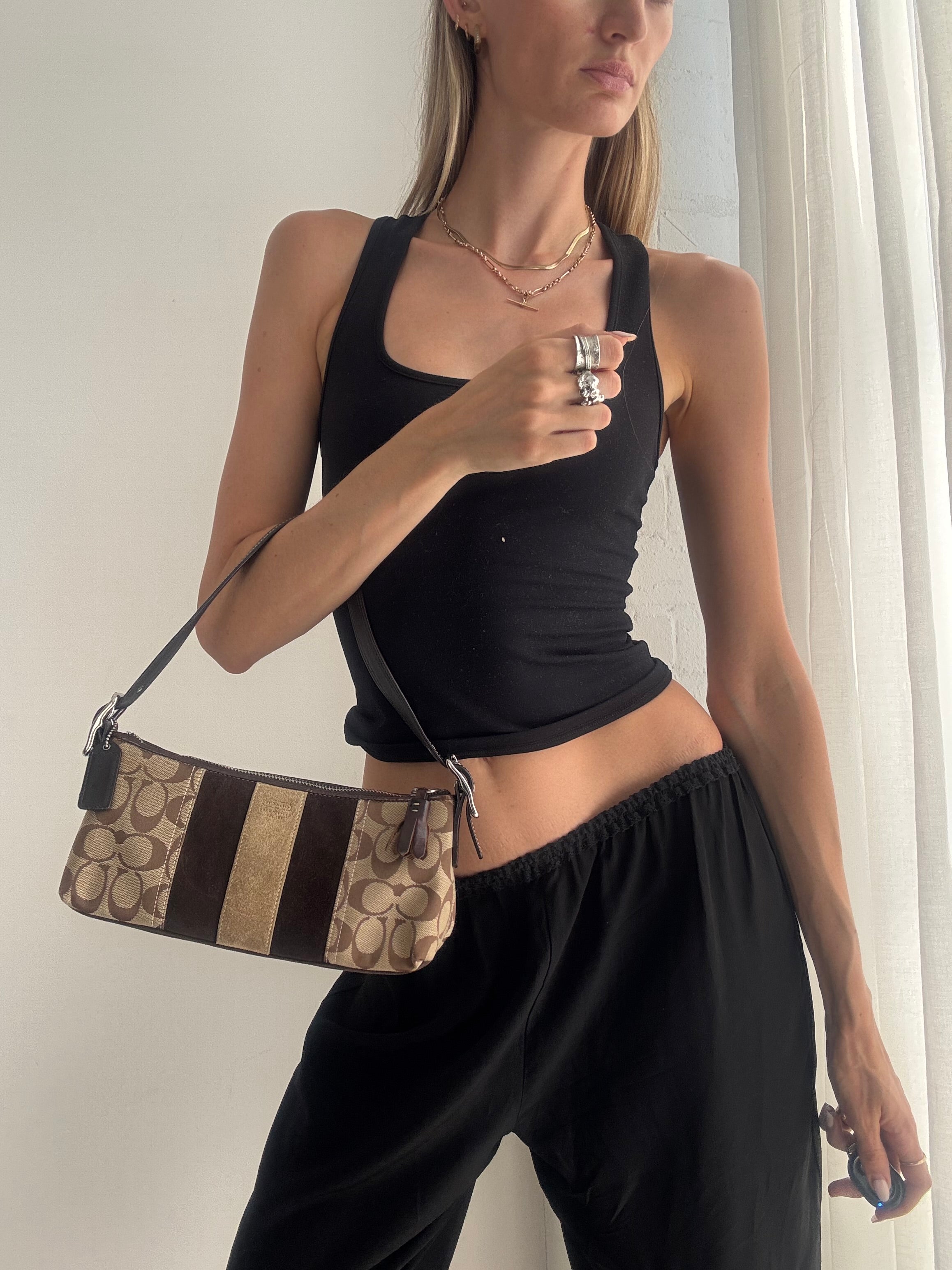Vintage Y2K Coach East West Shoulder Bag – Brown Monogram Stripe Baguette Bag