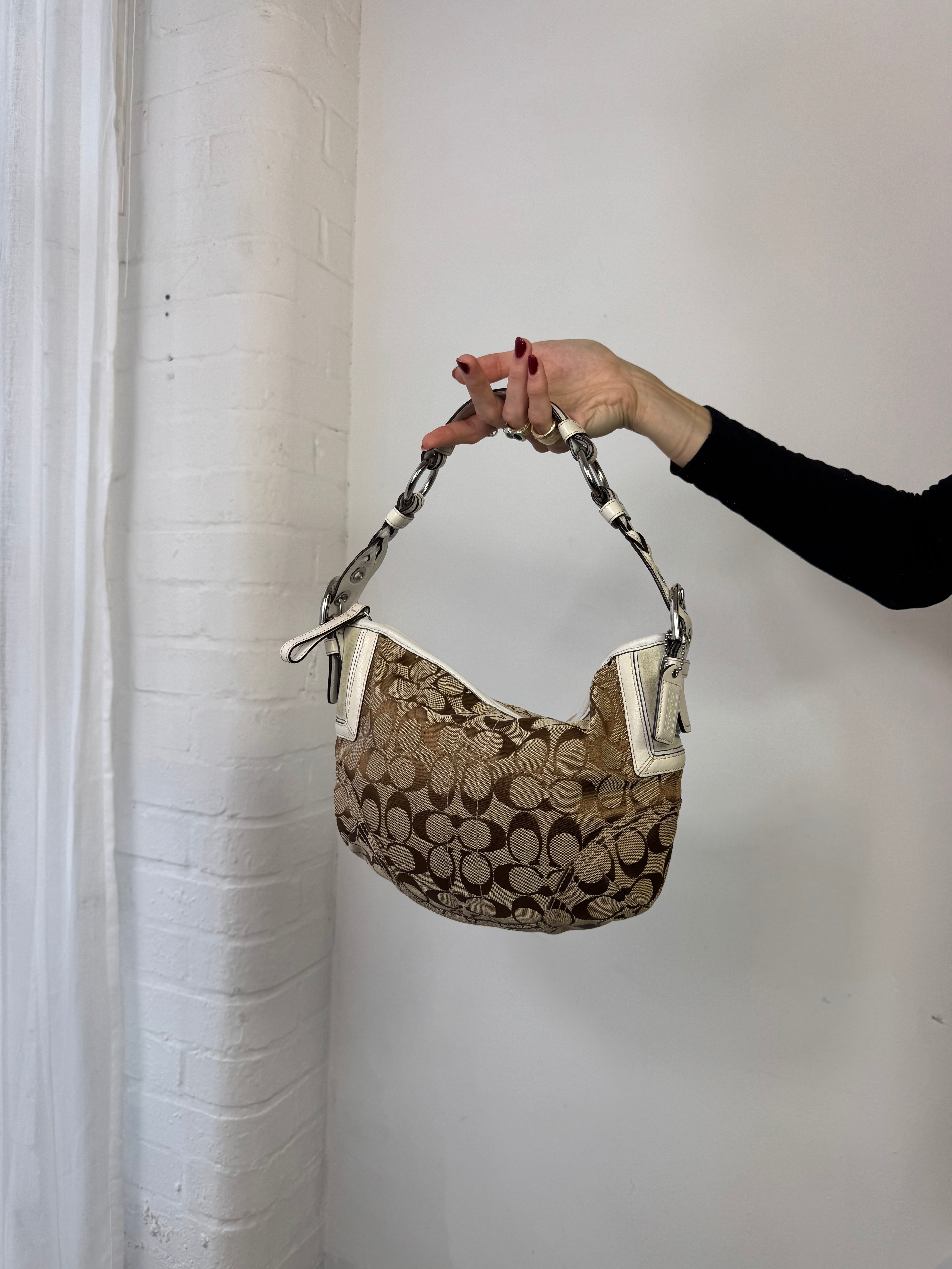 Vintage Y2K coach monogram half moon shoulder bag brown white