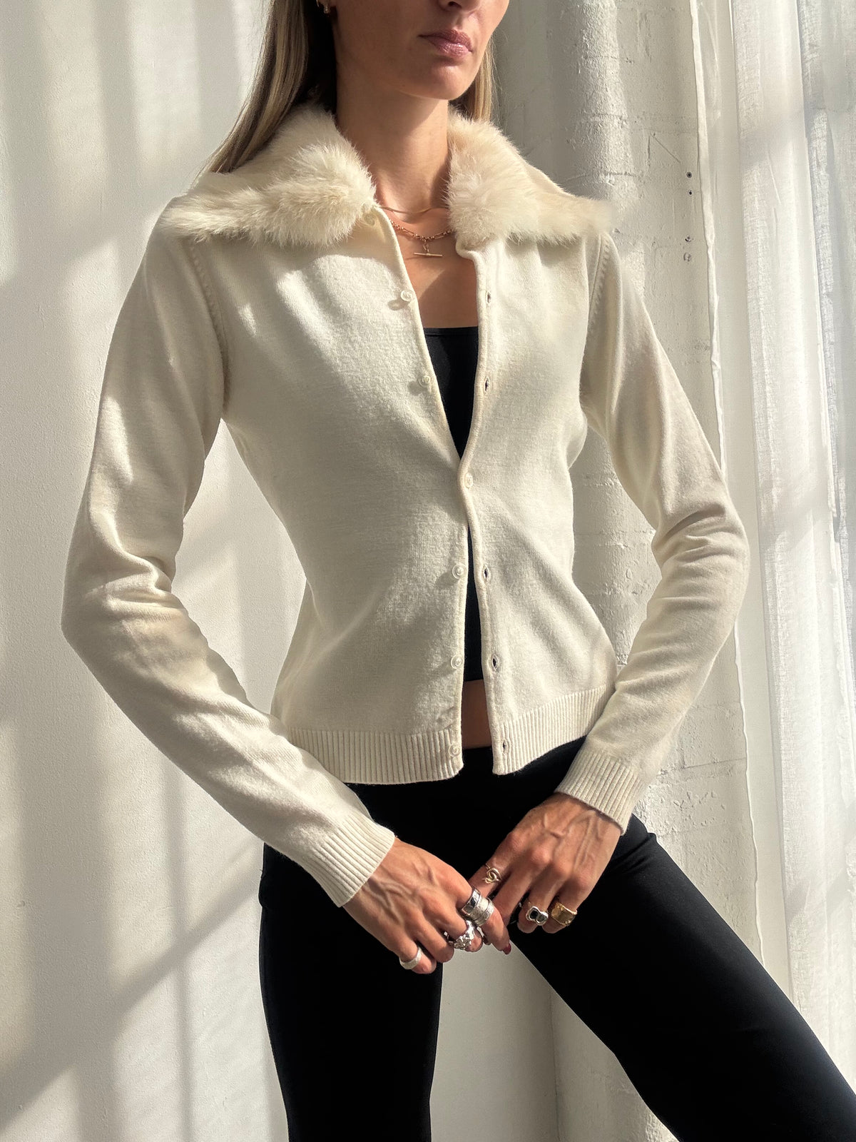 Vintage Y2K Cream Rabbit Fur Collar Knit Cardigan - Size S