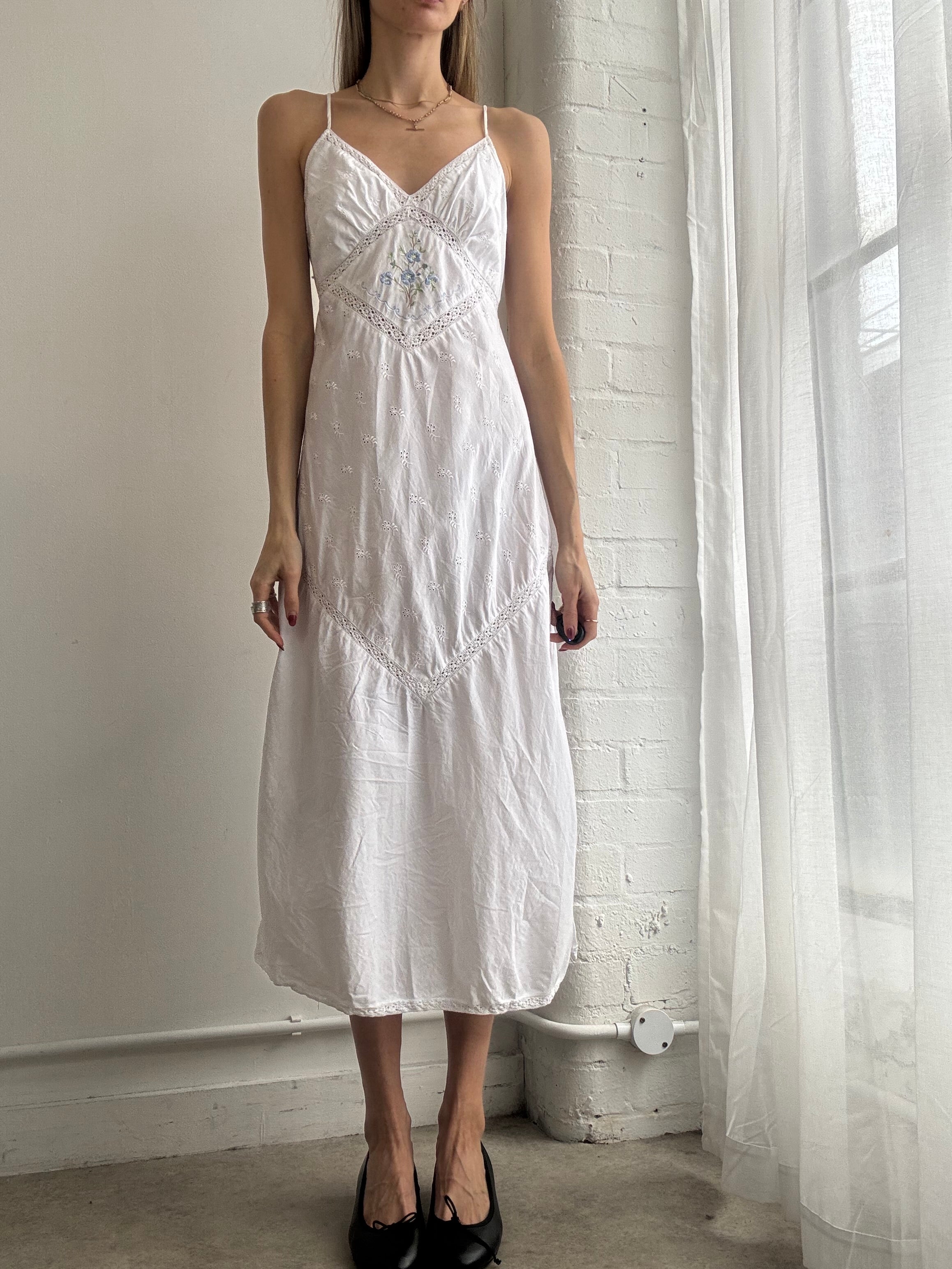 Vintage Y2K white embroidered broderie anglaise maxi slip dress