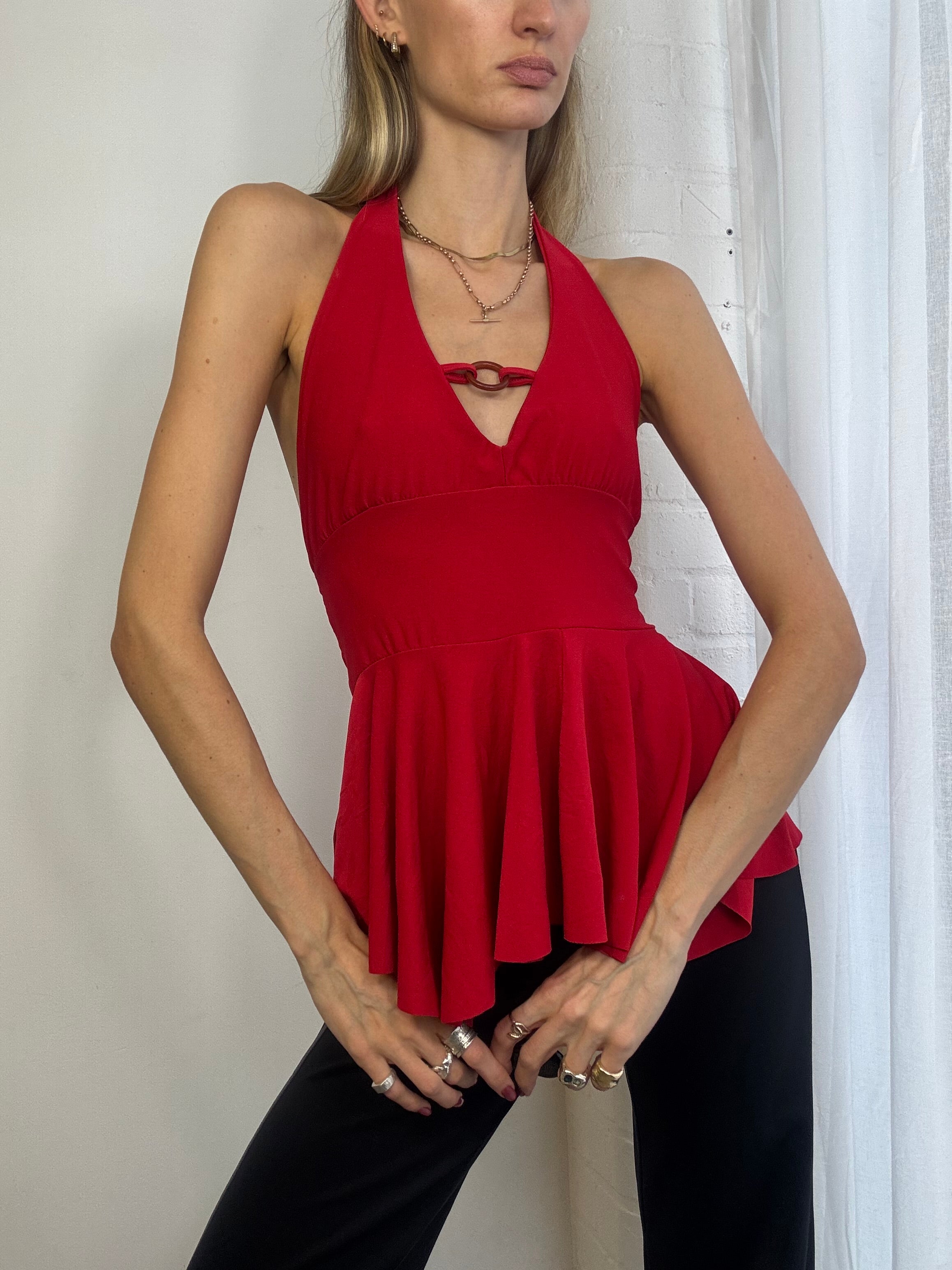 Vintage Y2K red halter neck top asymmetric
