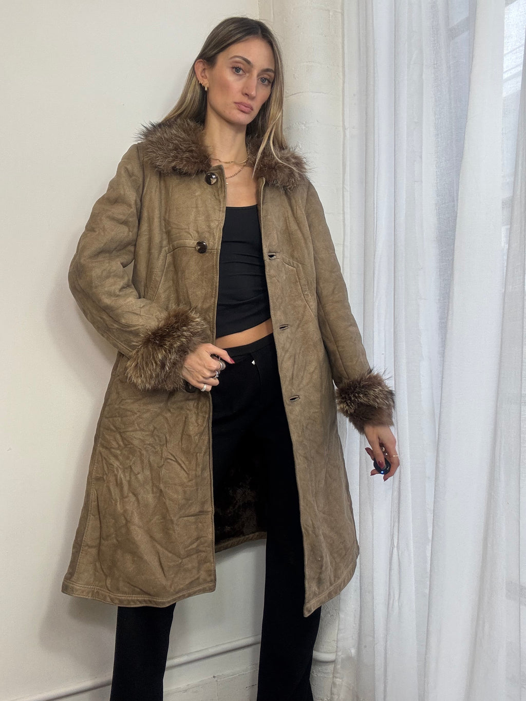 Vintage 90s long suede button up coat
