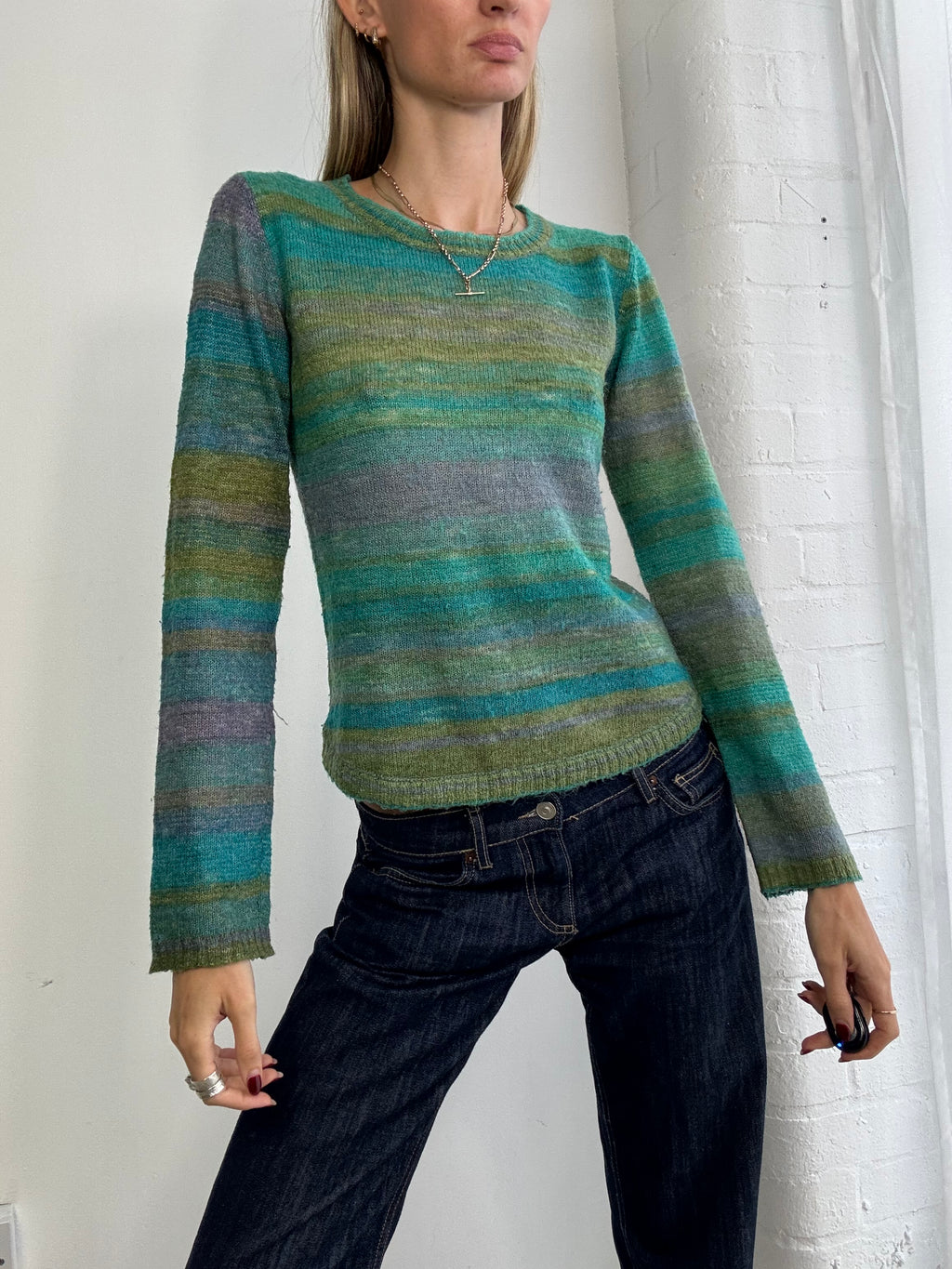 Vintage Y2K stripe knitted wool jumper green