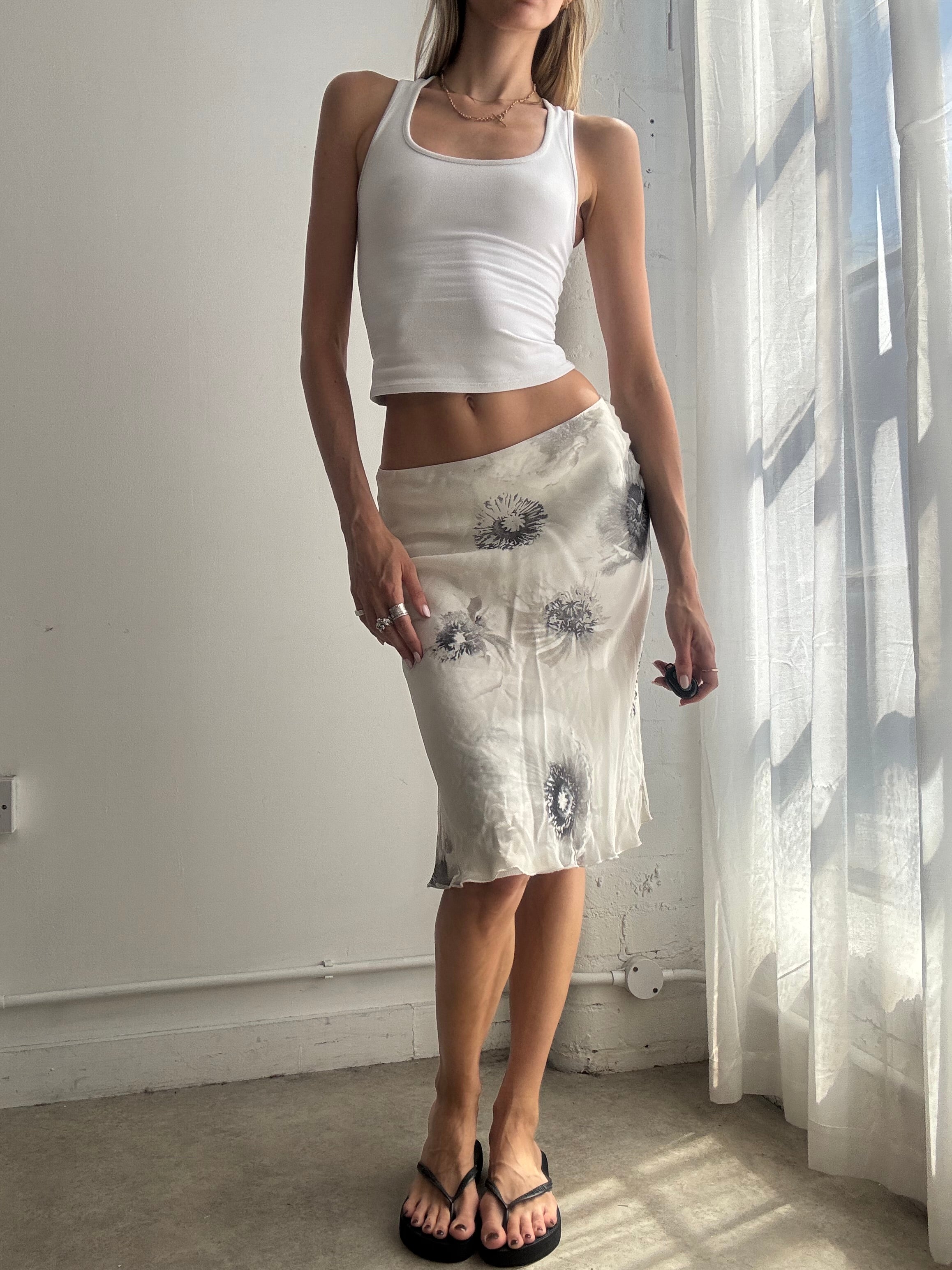 Vintage Y2k White Floral Mesh Midi Skirt - Size XS