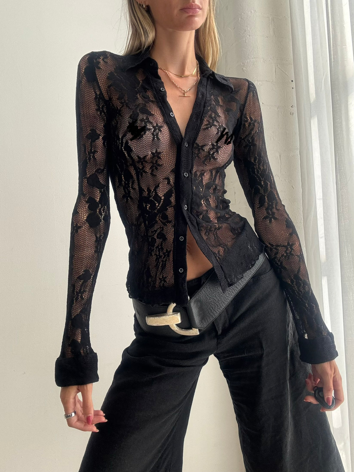 Vintage Y2K Black Sheer Floral Lace Shirt – Fitted Button Up Top - Size XS