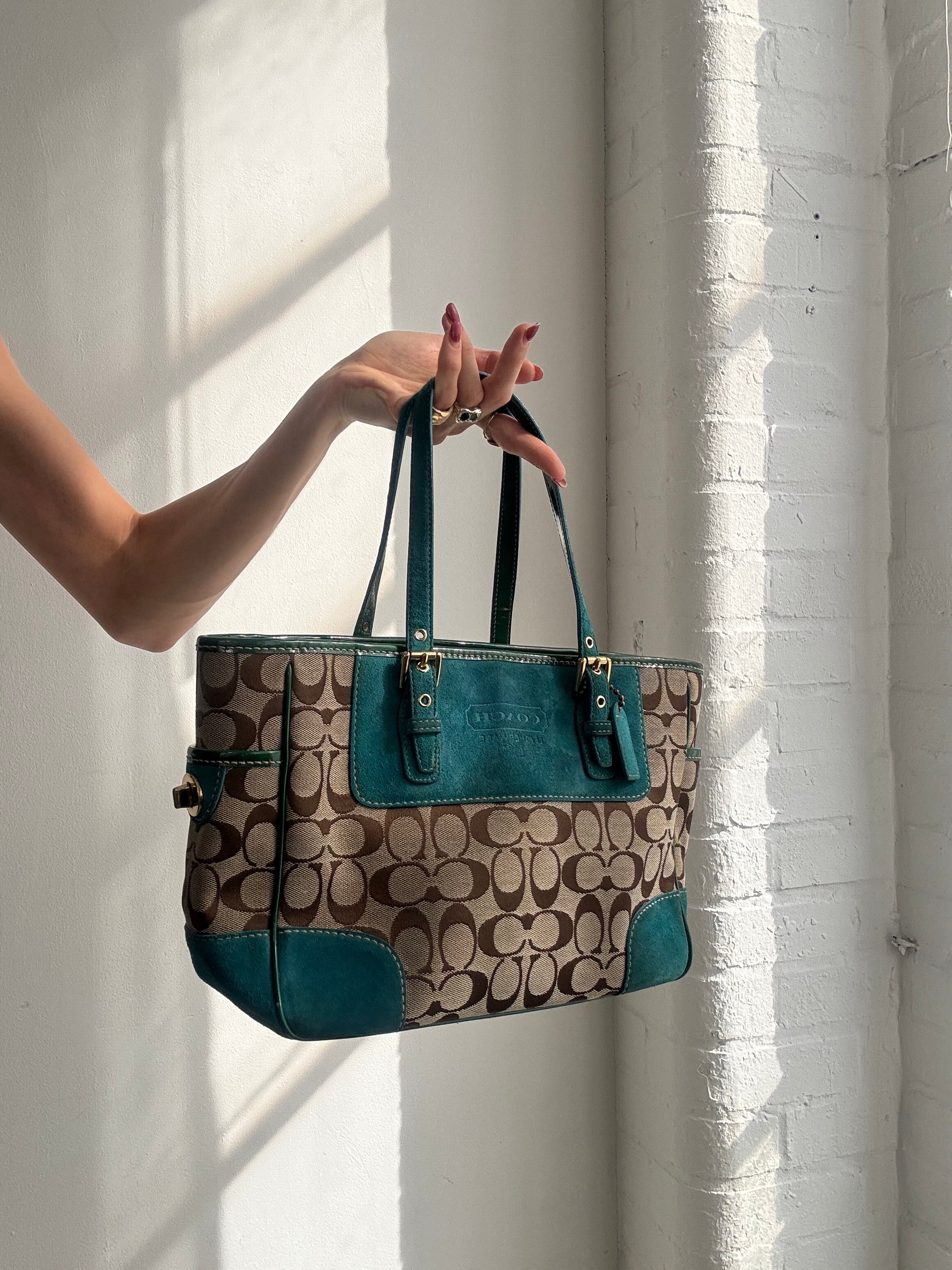 Vintage Y2K Coach monogram shoulder bag with teal suede