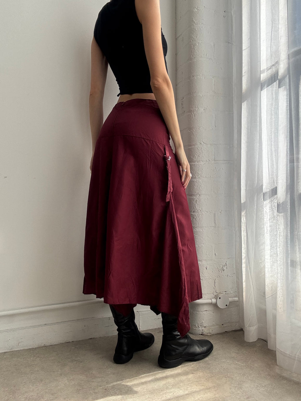 Vintage Y2K burgundy asymmetric midi skirt