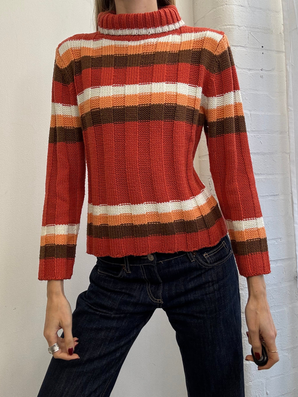 Vintage Y2K stripe roll neck jumper orange