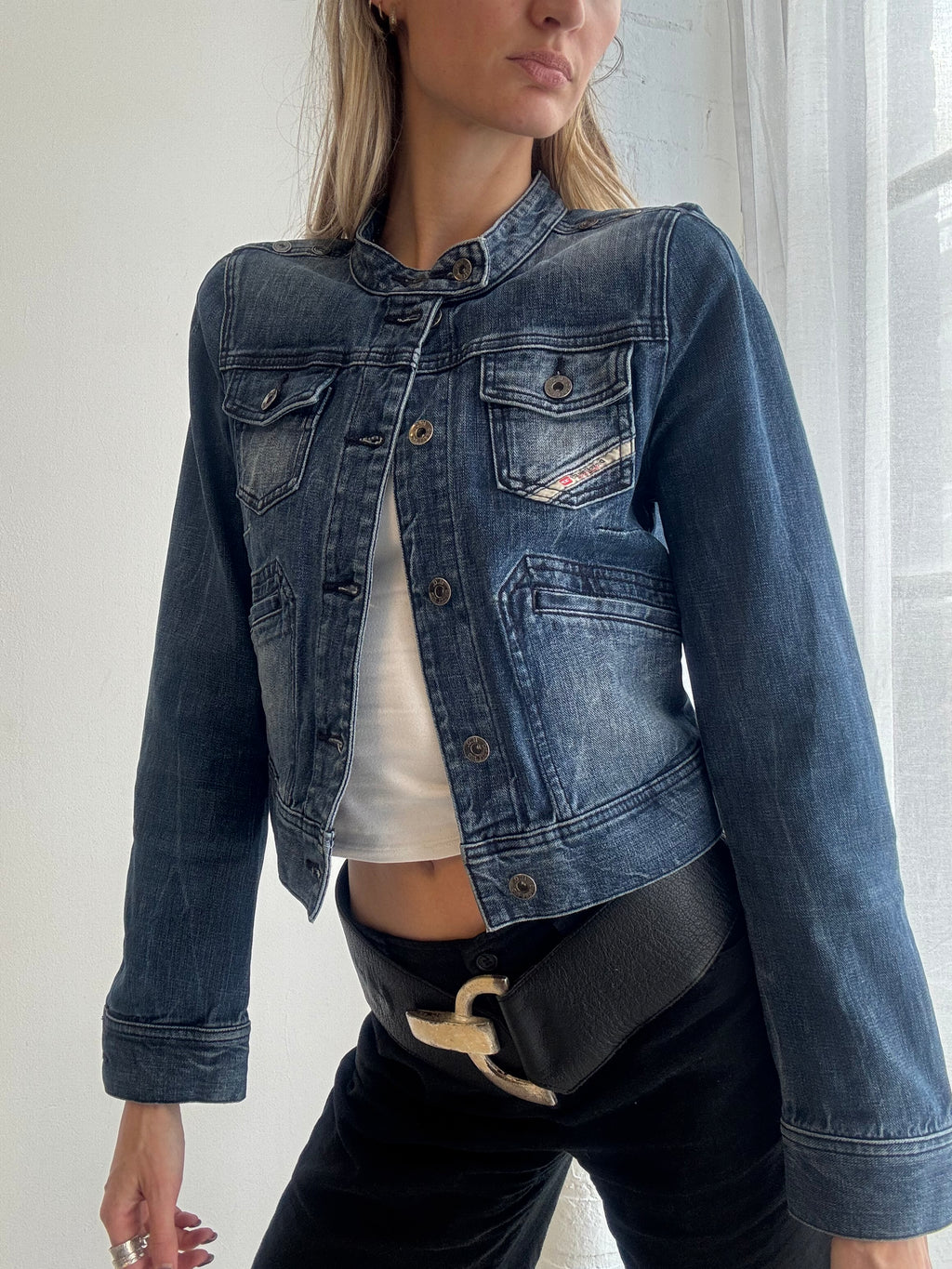 Vintage y2k Diesel cropped fitted denim biker jacket - Size XS