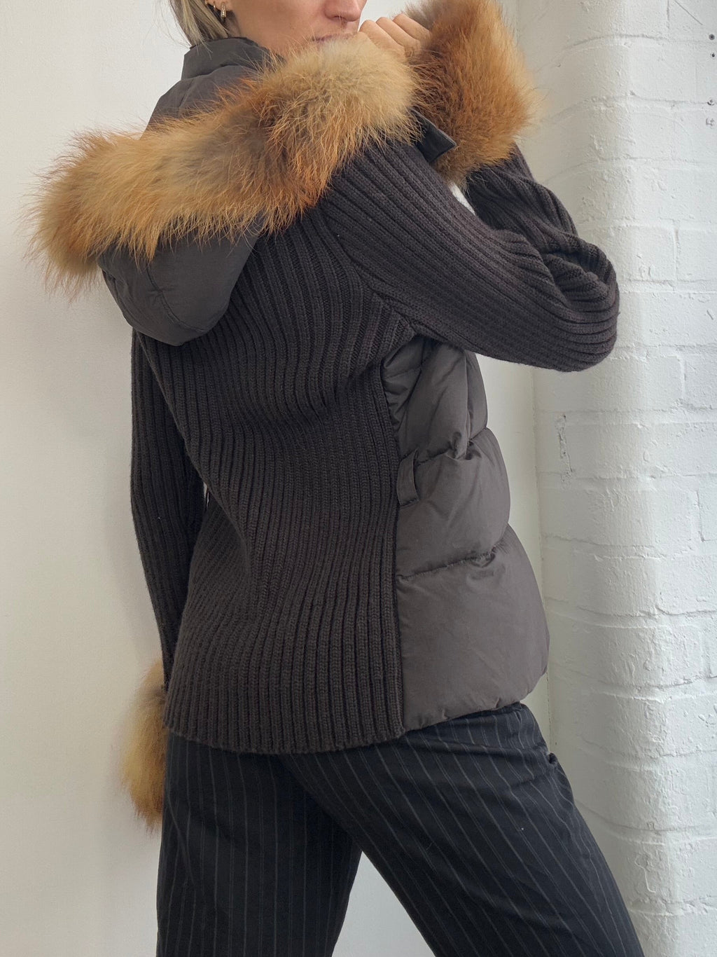 Vintage Y2K brown zip up puffer jacket fur trim